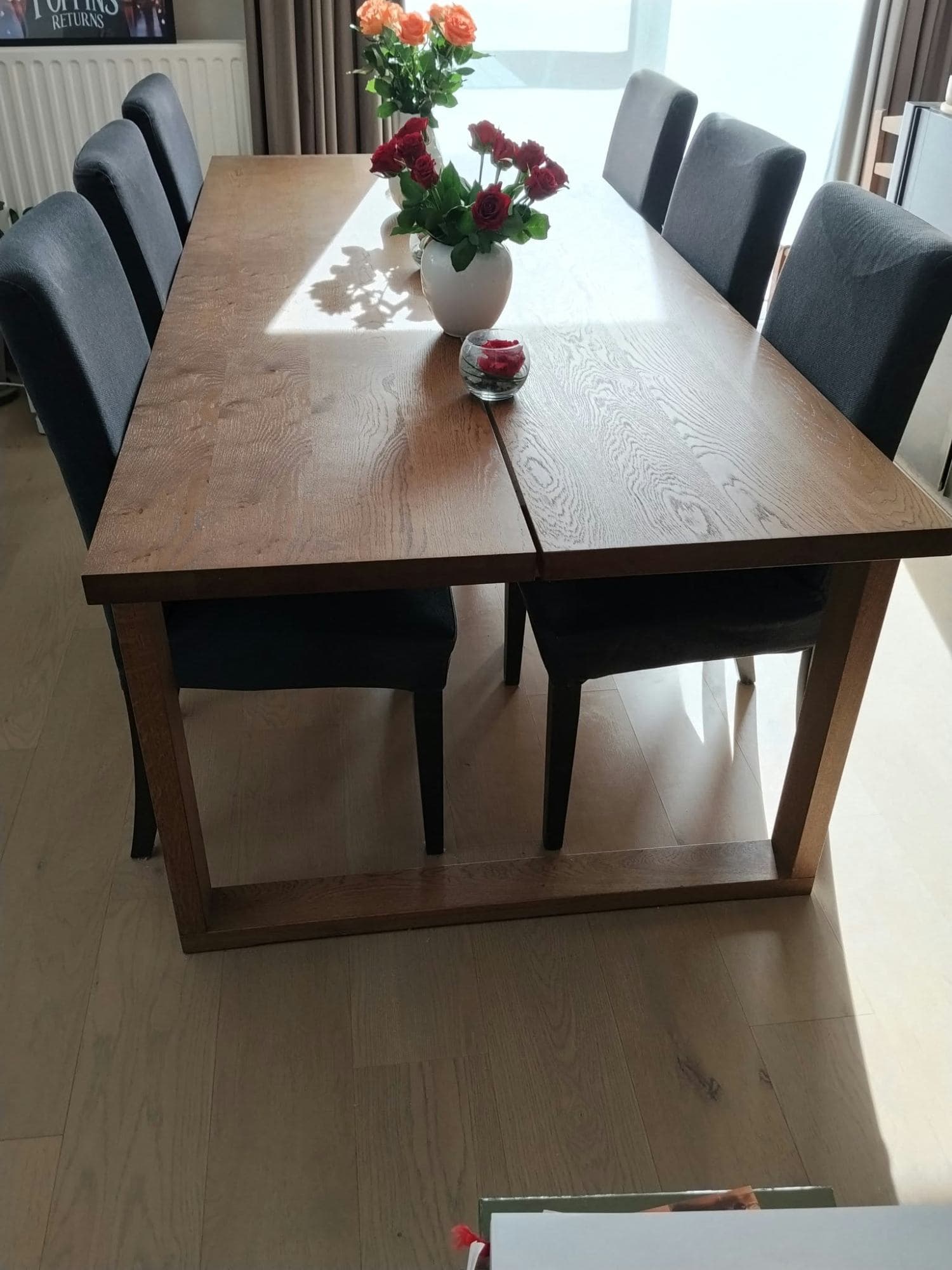 MÖRBYLÅNGA TAFEL table and 6 chairs, brown/Gunnared medium grey