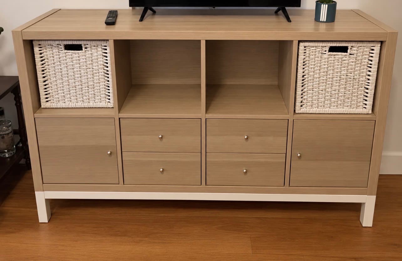 KALLAX shelving unit with underframe, with 2 doors/4 drawers/white stained oak effect, 147x94 cm