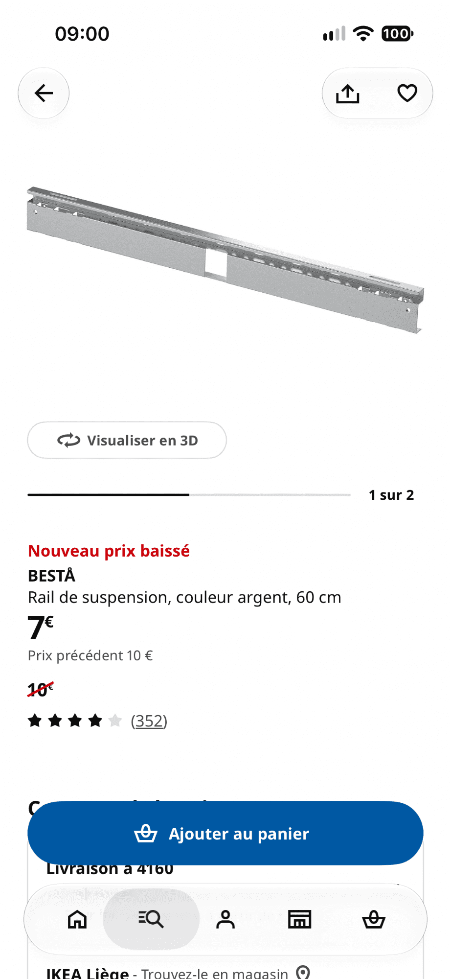BESTÅ - 3 RAILS SUSP wandrail, zilverkleur, 60 cm