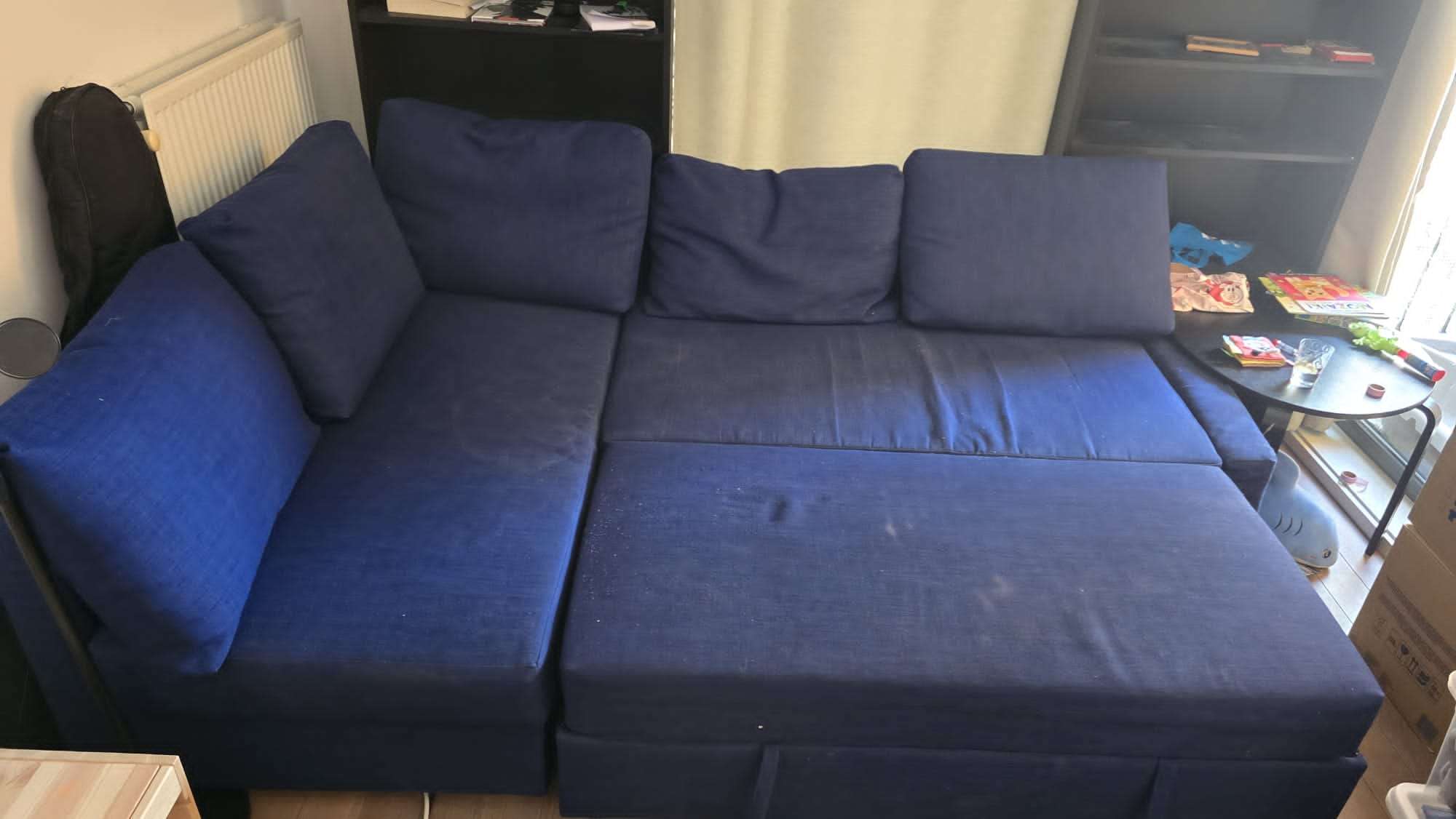 FRIHETEN corner sofa-bed with storage, with extra back cushions/Skiftebo dark grey