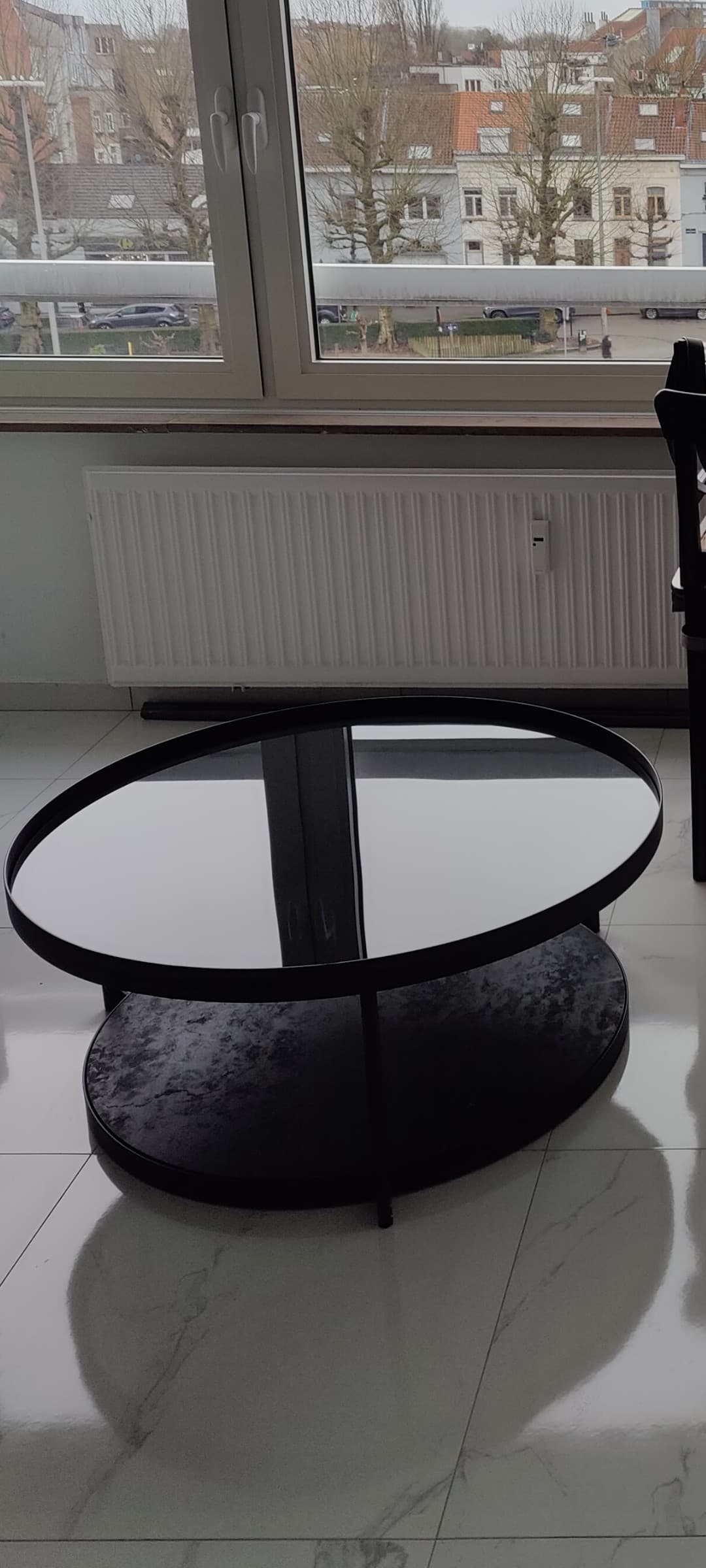 FRÖTORP coffee table, anthracite marble effect/black glass, 88 cm