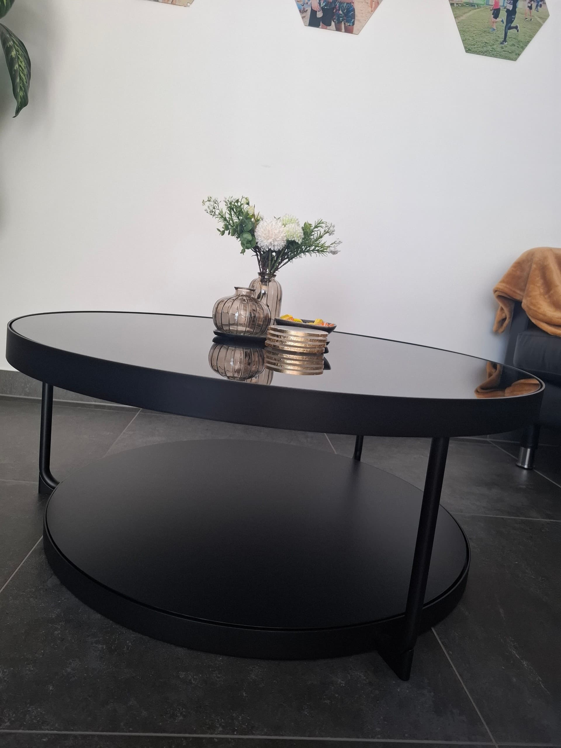 FRÖTORP coffee table, anthracite marble effect/black glass, 88 cm