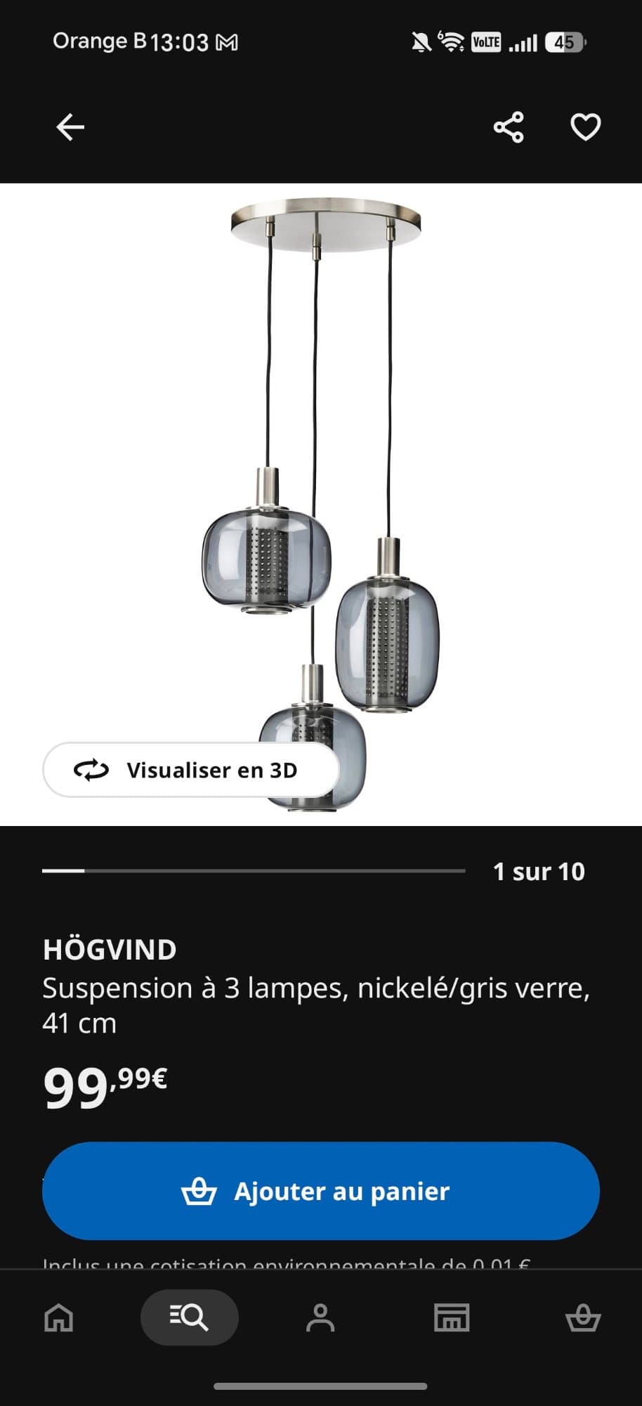 HÖGVIND suspension à 3 lampes, nickelé/gris verre, 41 cm