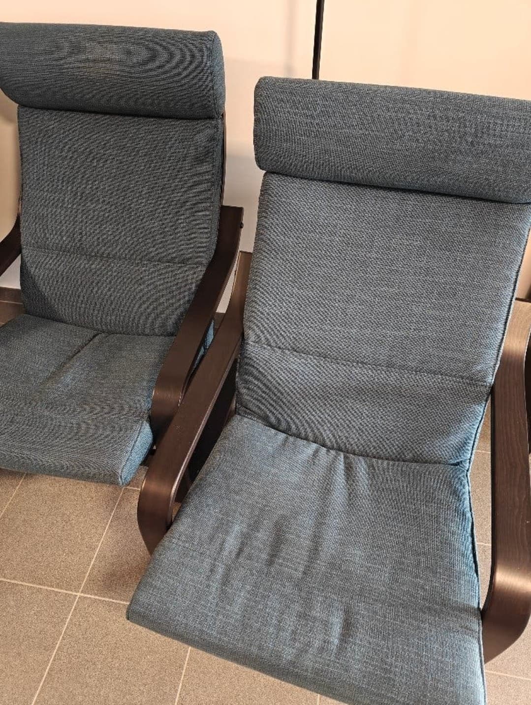 POÄNG fauteuil, walnootpatroon/Kelinge grijsblauw