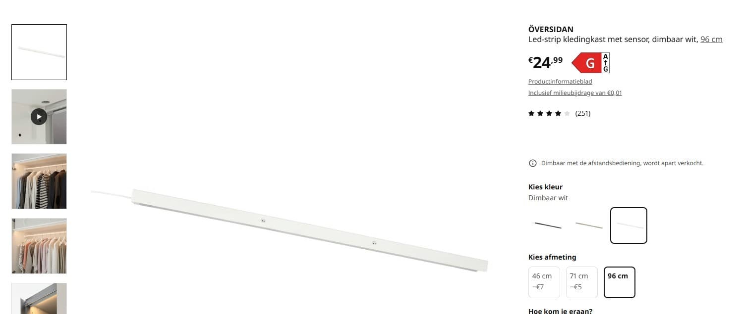 ÖVERSIDAN  NIEUW baguette lumin LED armoire av capt, intensité lumineuse réglable blanc, 96 cm