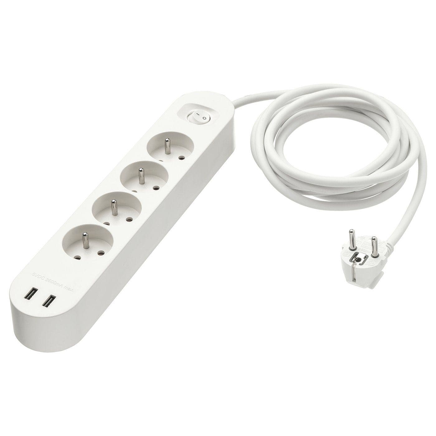 KOPPLA 4-way socket with 2 USB ports, white, 3.0 m