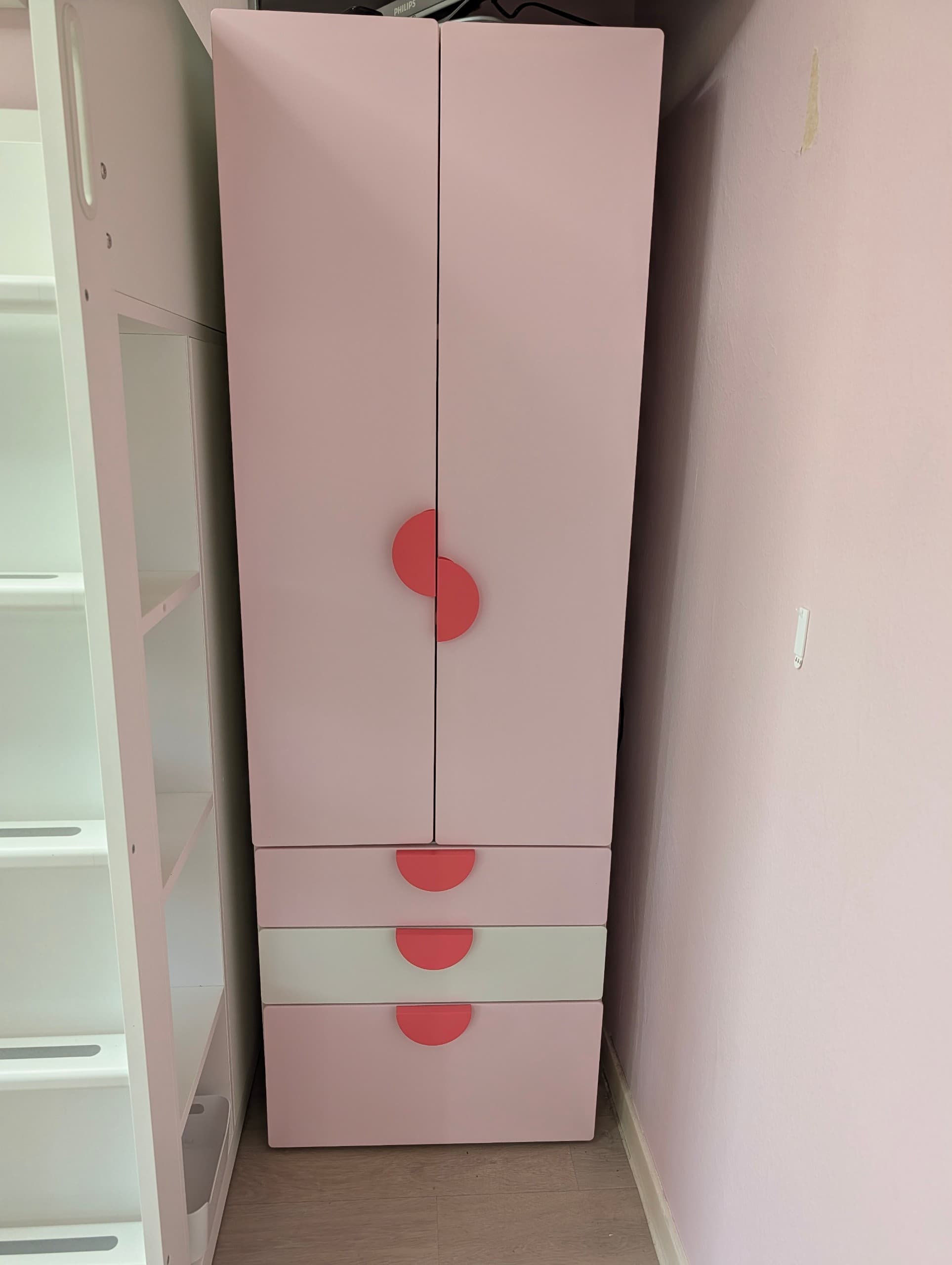 SMÅSTAD / PLATSA wardrobe, white pale pink/with 3 drawers, 60x57x181 cm