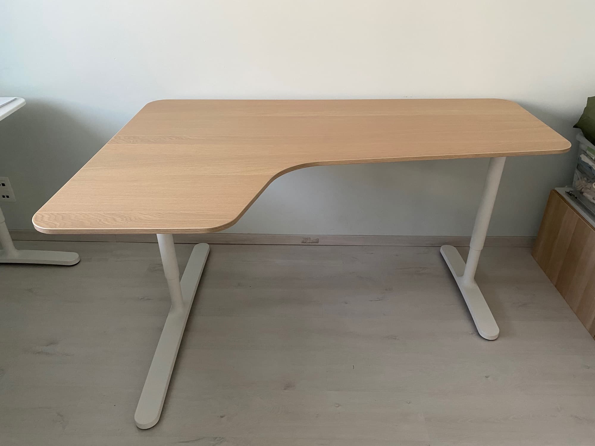 BEKANT corner desk right, white stained oak veneer/white