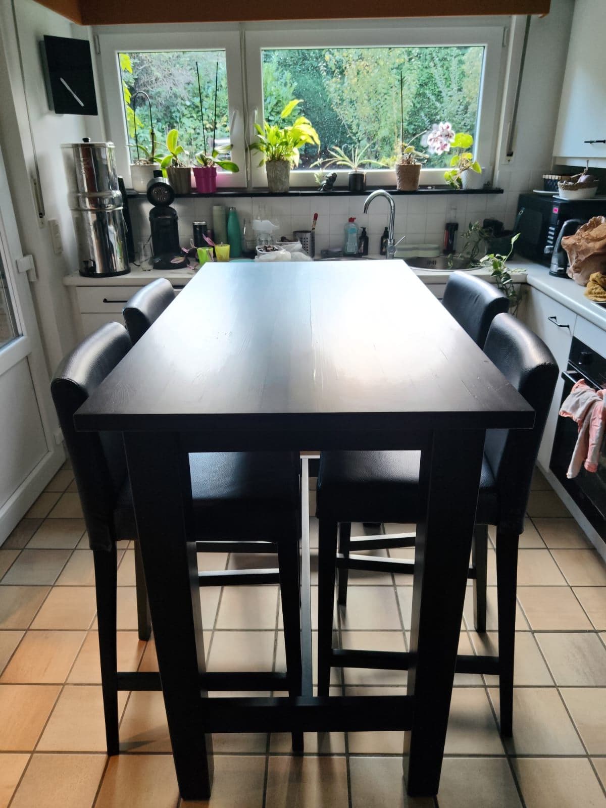 HÄGERNÄS bar table and 4 bar stools, black stained pine
