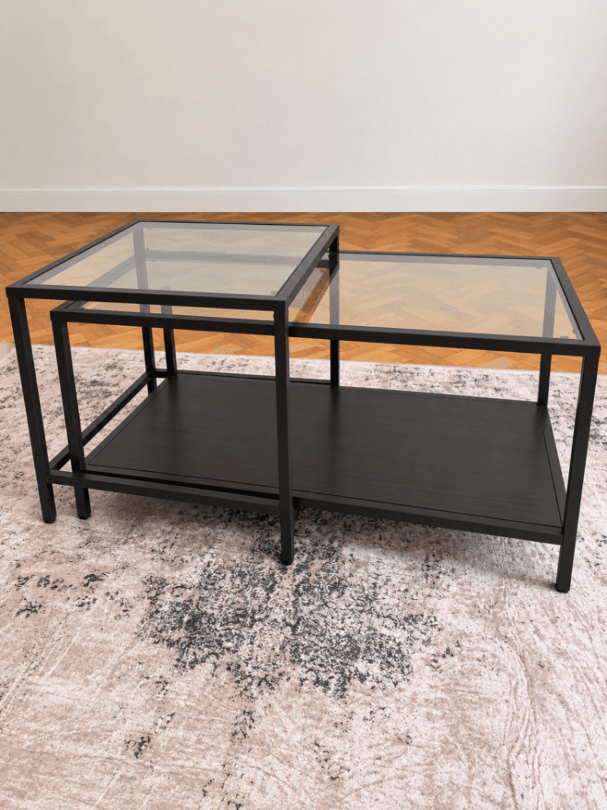 VITTSJÖ Tables gigognes, lot de 2, brun noir, verre, 90x50 cm