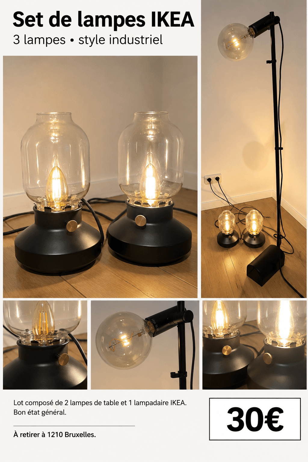 HÅRSLINGA+2X TÄRNABY lampadaire avec ampoule, noir/globe verre gris transparent