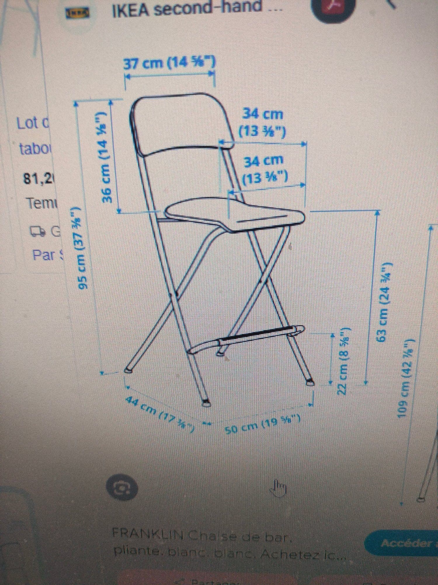 FRANKLIN bar stool with backrest, foldable, counter height white/white, 63 cm