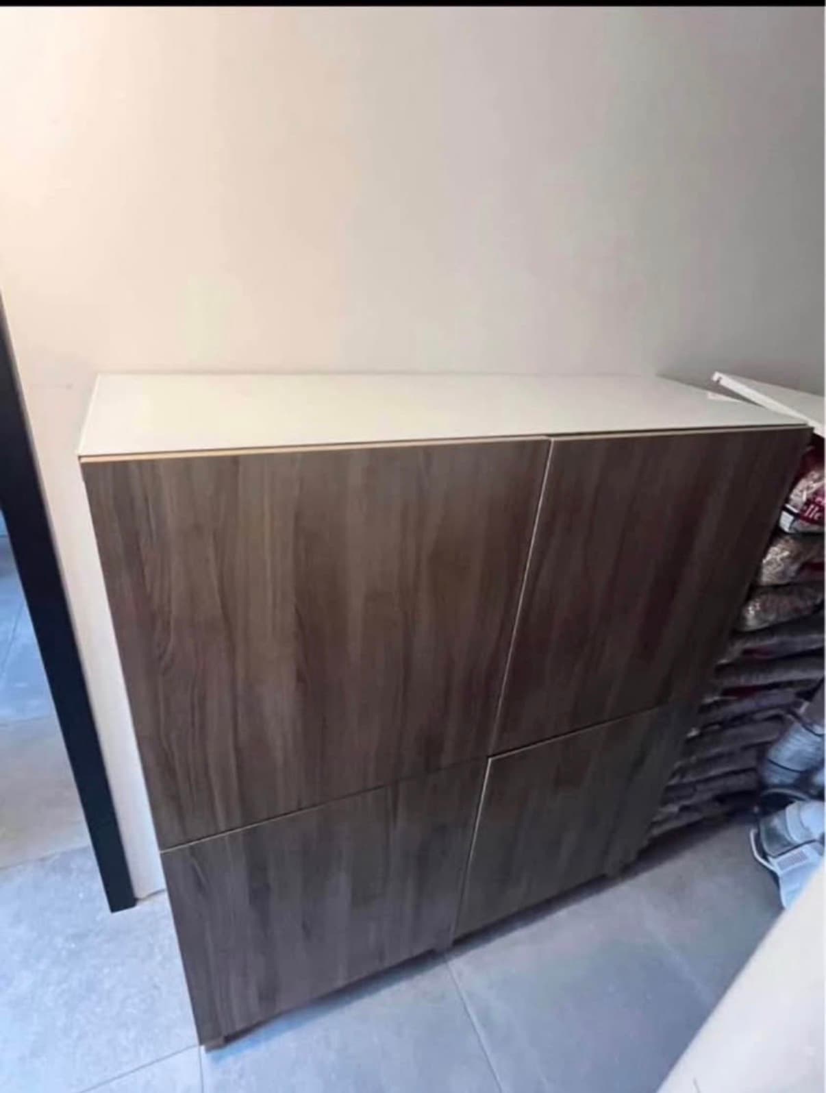 BESTÅ storage combination with doors, white stained oak effect Kallviken/Stubbarp/dark grey concrete effect, 120x42x74 cm