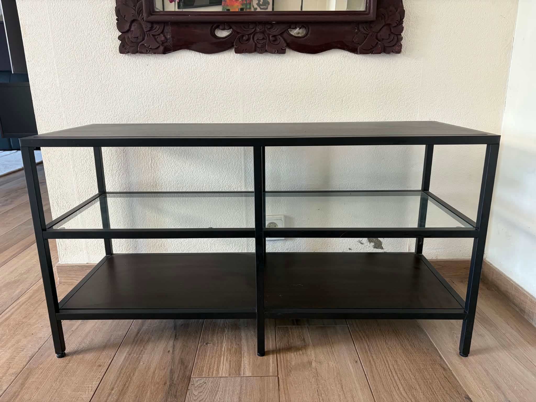 VITTSJÖ shelving unit, black-brown/glass, 100x93 cm