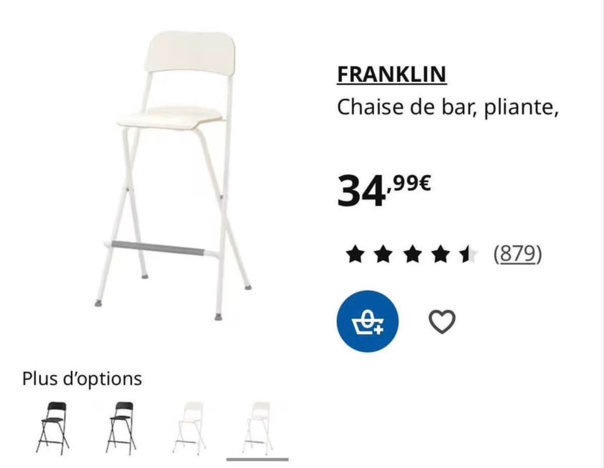 FRANKLIN chaise de bar, pliante, blanc/couleur argent