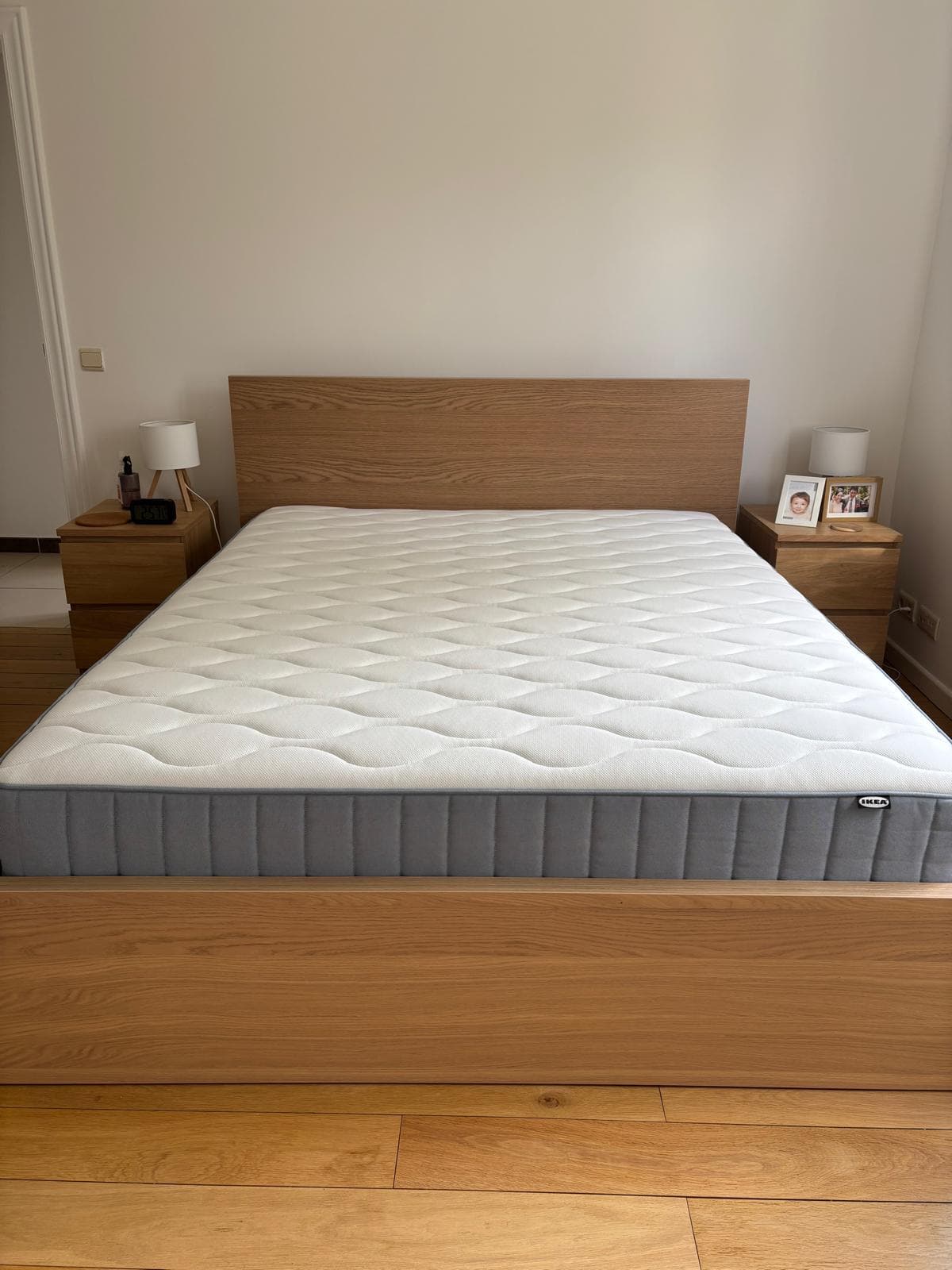 MALM bed frame, high, white stained oak veneer, 160x200 cm
