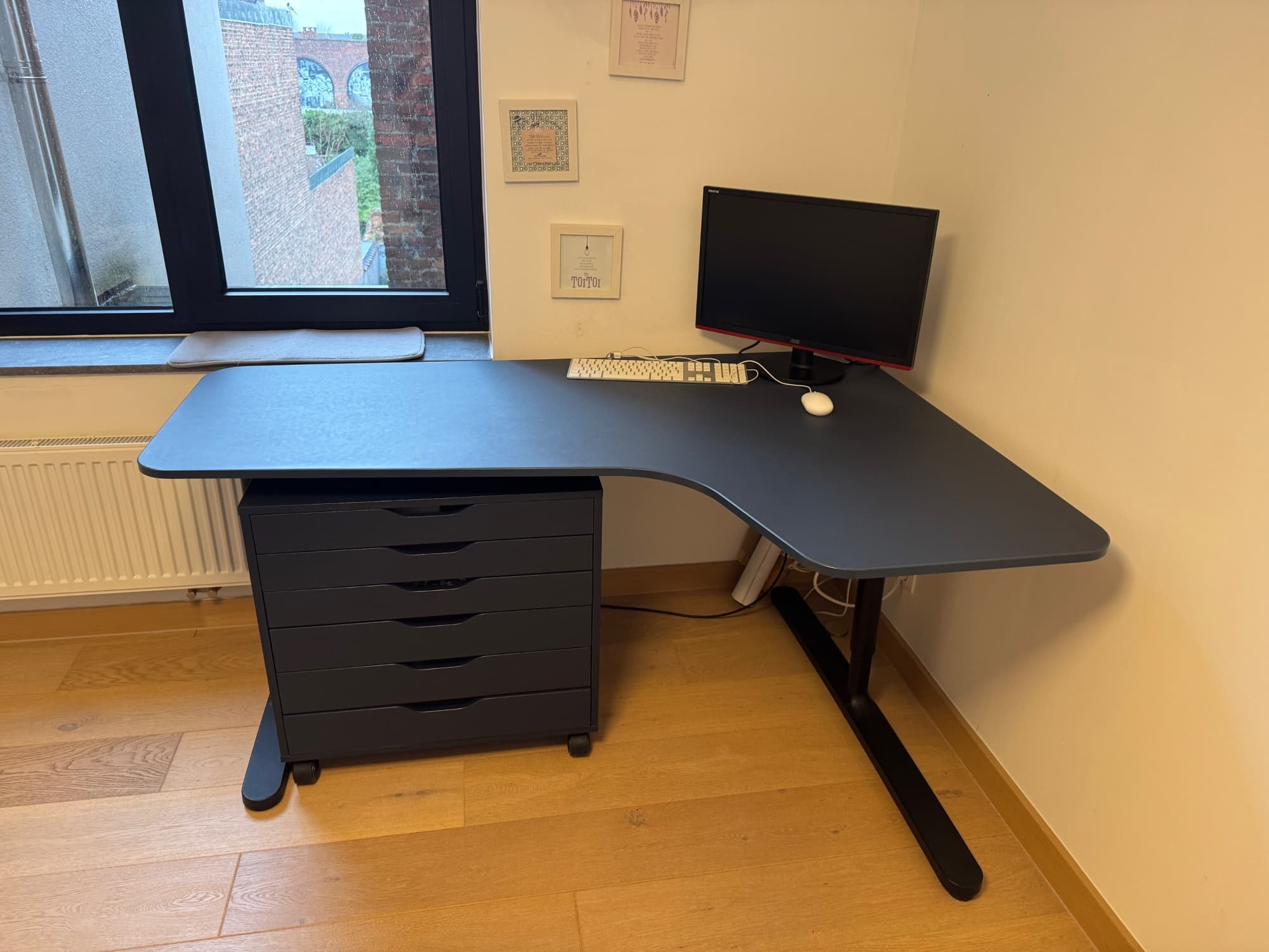 BEKANT corner desk left, linoleum blue/black