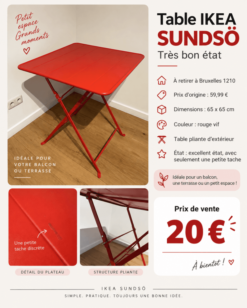 SUNDSÖ table, rouge vif extérieur, 65x65 cm