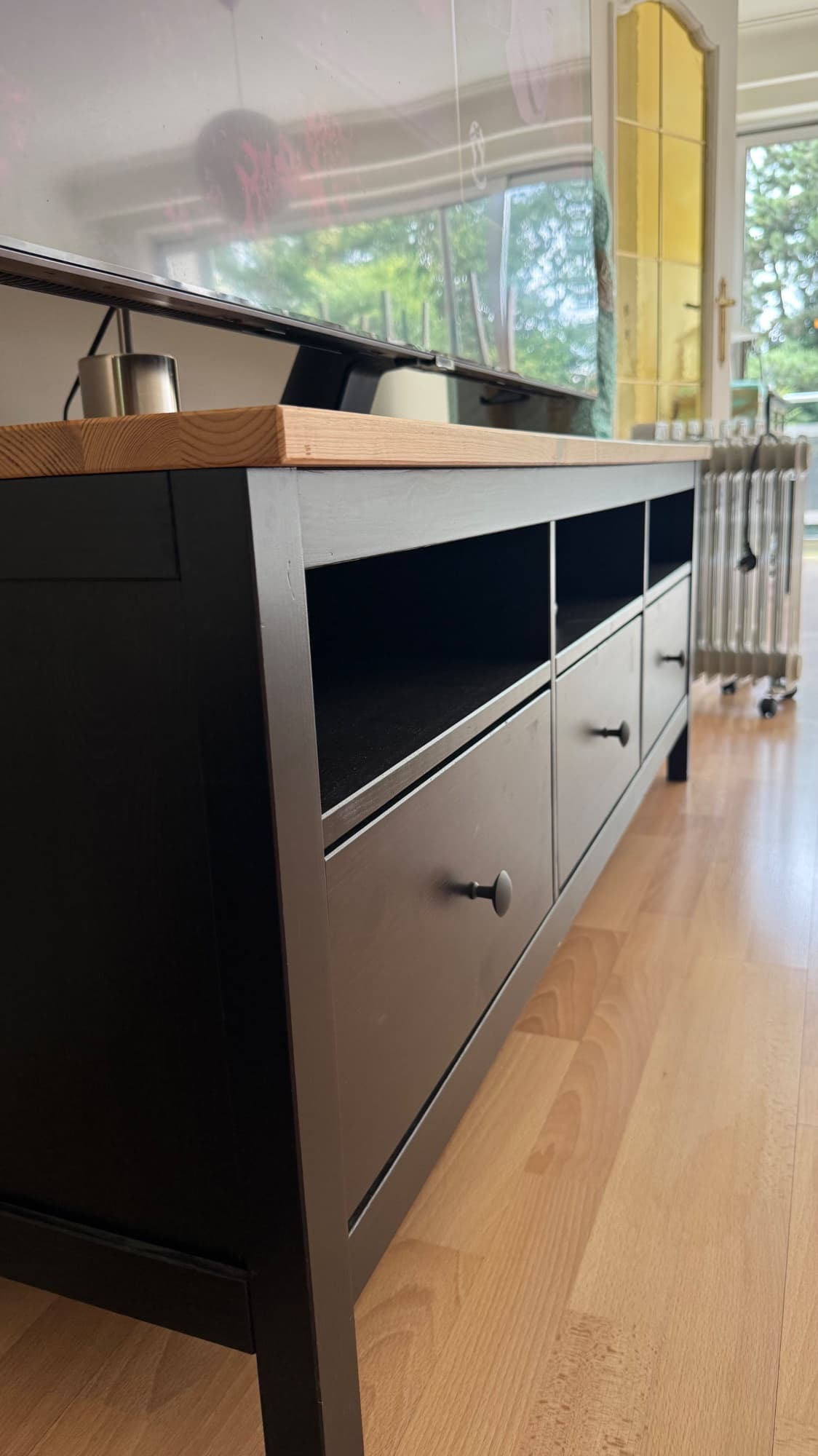 HEMNES Banc TV, teinté blanc, brun clair, 148x47x57 cm