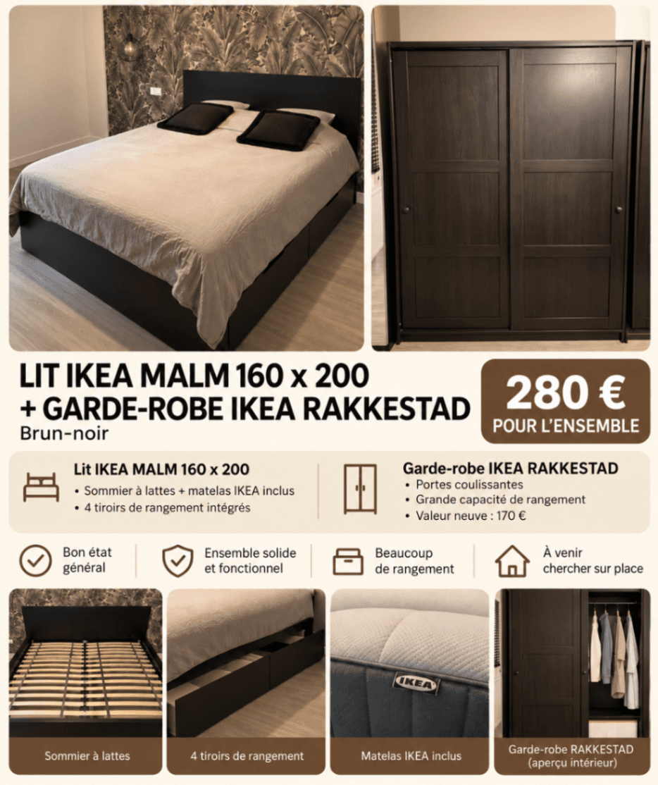 LIT + GARDE ROBE cadre lit coffre, brun noir