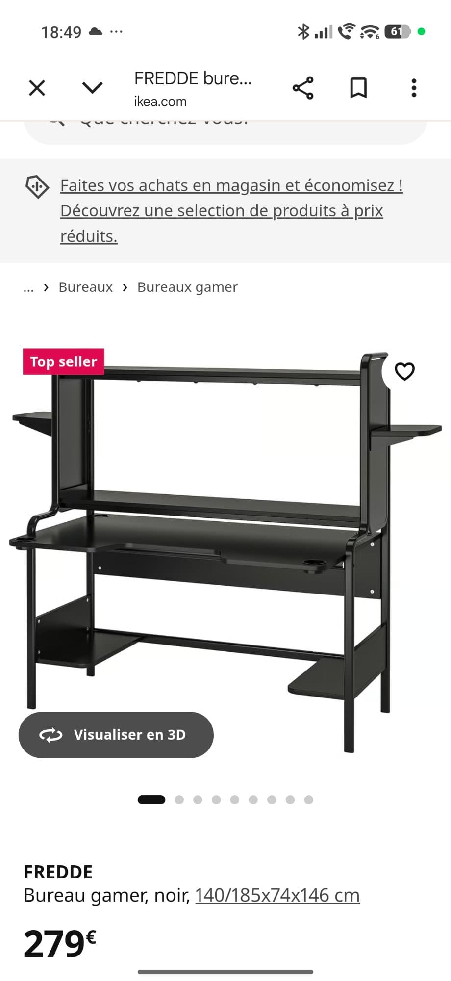 FREDDE BUREAU GAMER bureau gamer, noir, 140/185x74x146 cm