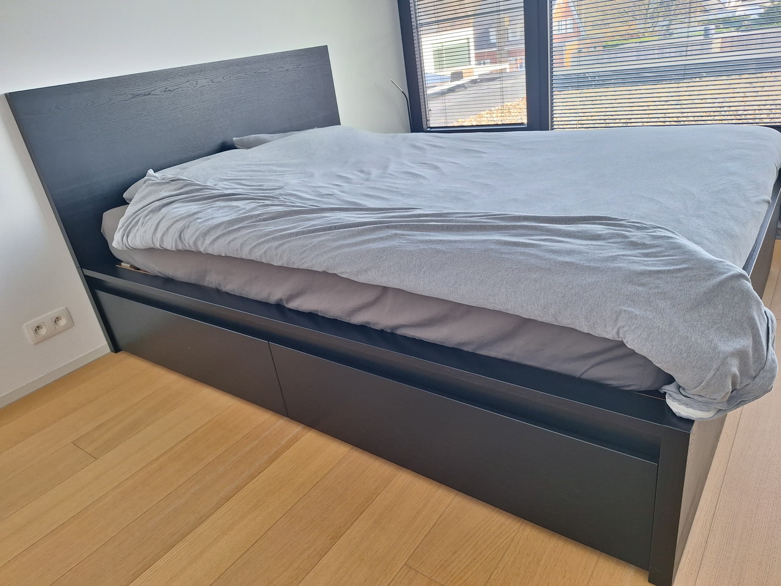 MALM cadre lit, haut+4rgt, brun noir/Leirsund, 140x200 cm