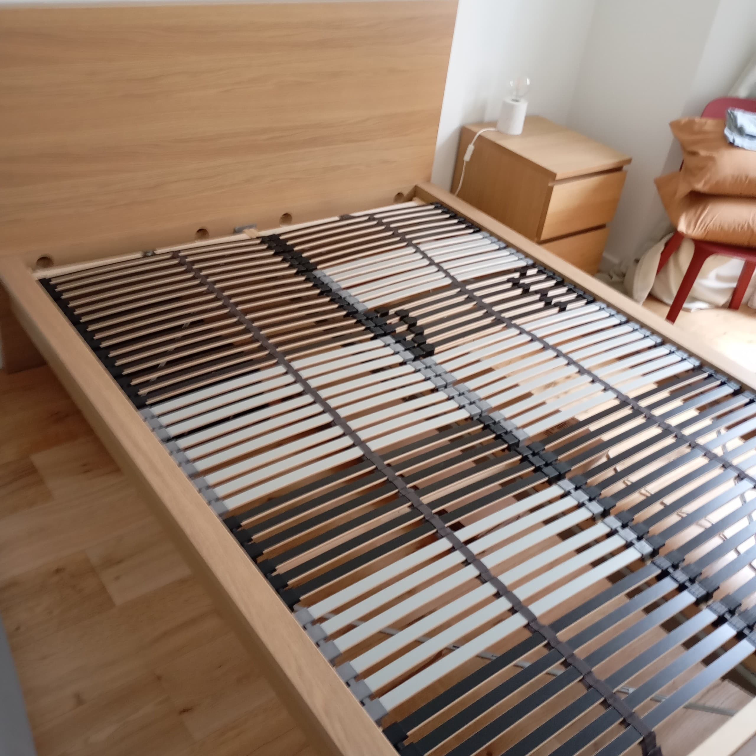 MALM bed frame, high, white stained oak veneer/Lönset, 140x200 cm