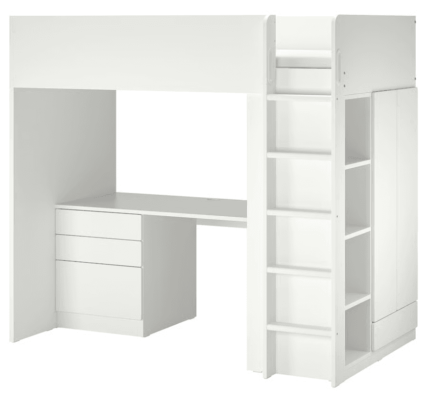SMÅSTAD loft bed, white white/with desk with 2 shelves, 90x200 cm