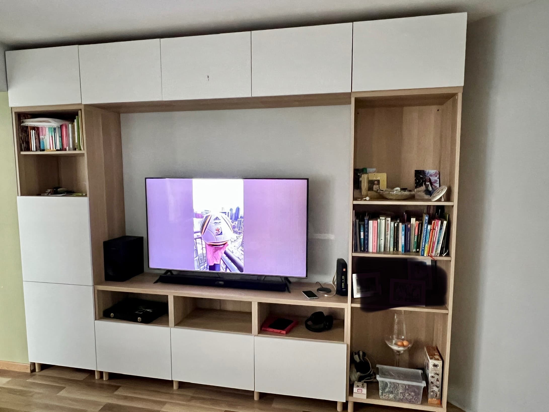 BESTÅ Tv-opbergcombinatie/vitrinedeuren, wit gelazuurd eikenfineer Lappviken/Sindvik wit, 360x42x240 cm