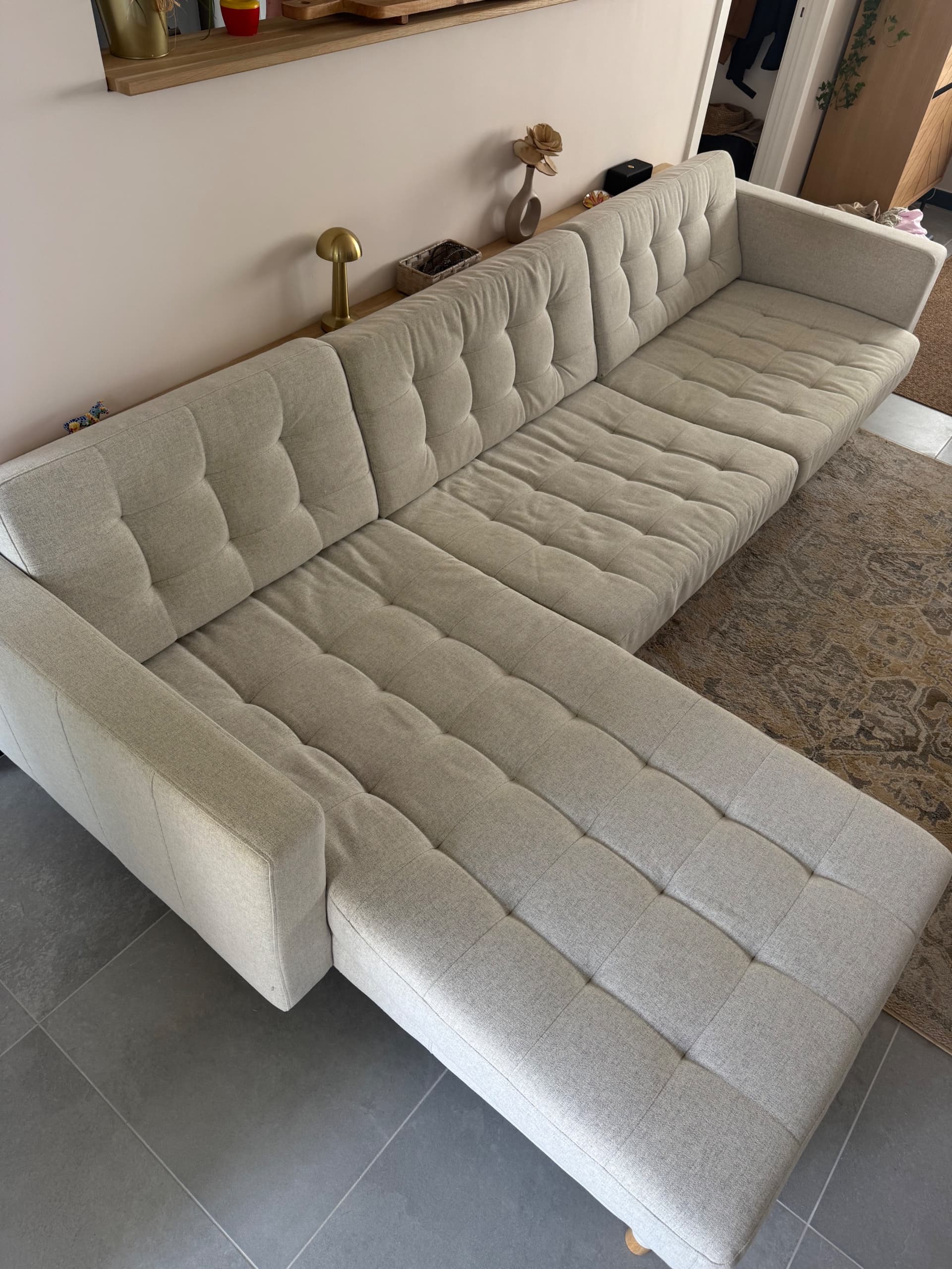 LANDSKRONA 4-zitsbank, met chaise longue/Gunnared lichtgroen/hout