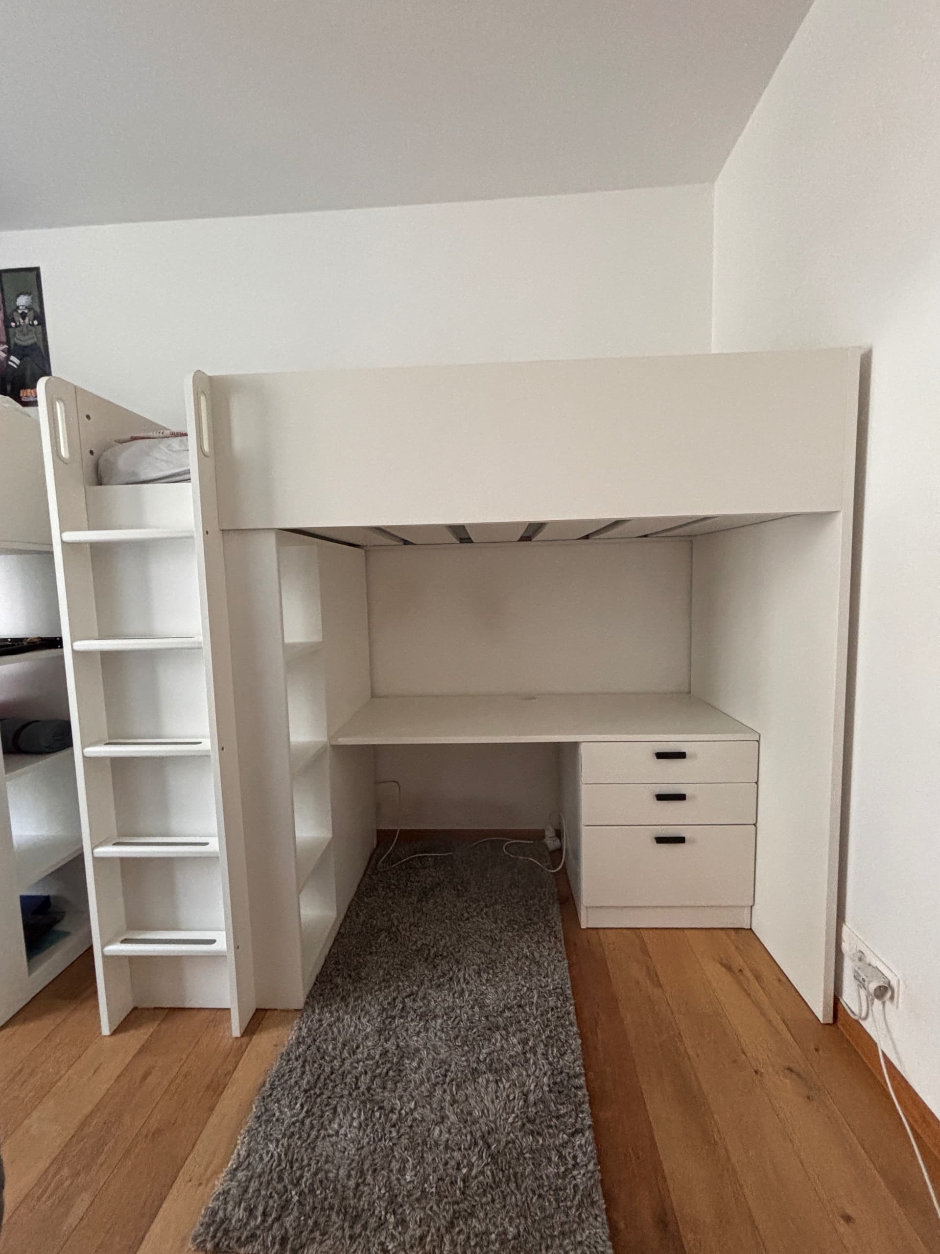 SMÅSTAD hoogslaper, wit blauw/met bureau met 4 lades, 90x200 cm