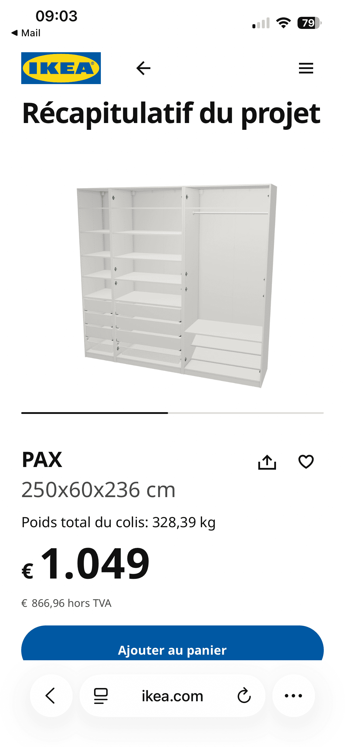 PAX BLANC combinaison armoire, blanc/motif chêne, 250x60x201 cm