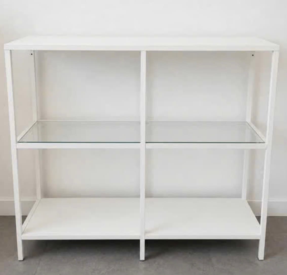 VITTSJÖ shelving unit, black-brown/glass, 100x93 cm