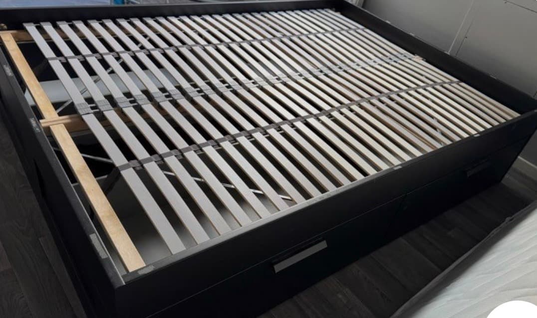 BRIMNES bed frame with storage, grey/Leirsund, 140x200 cm