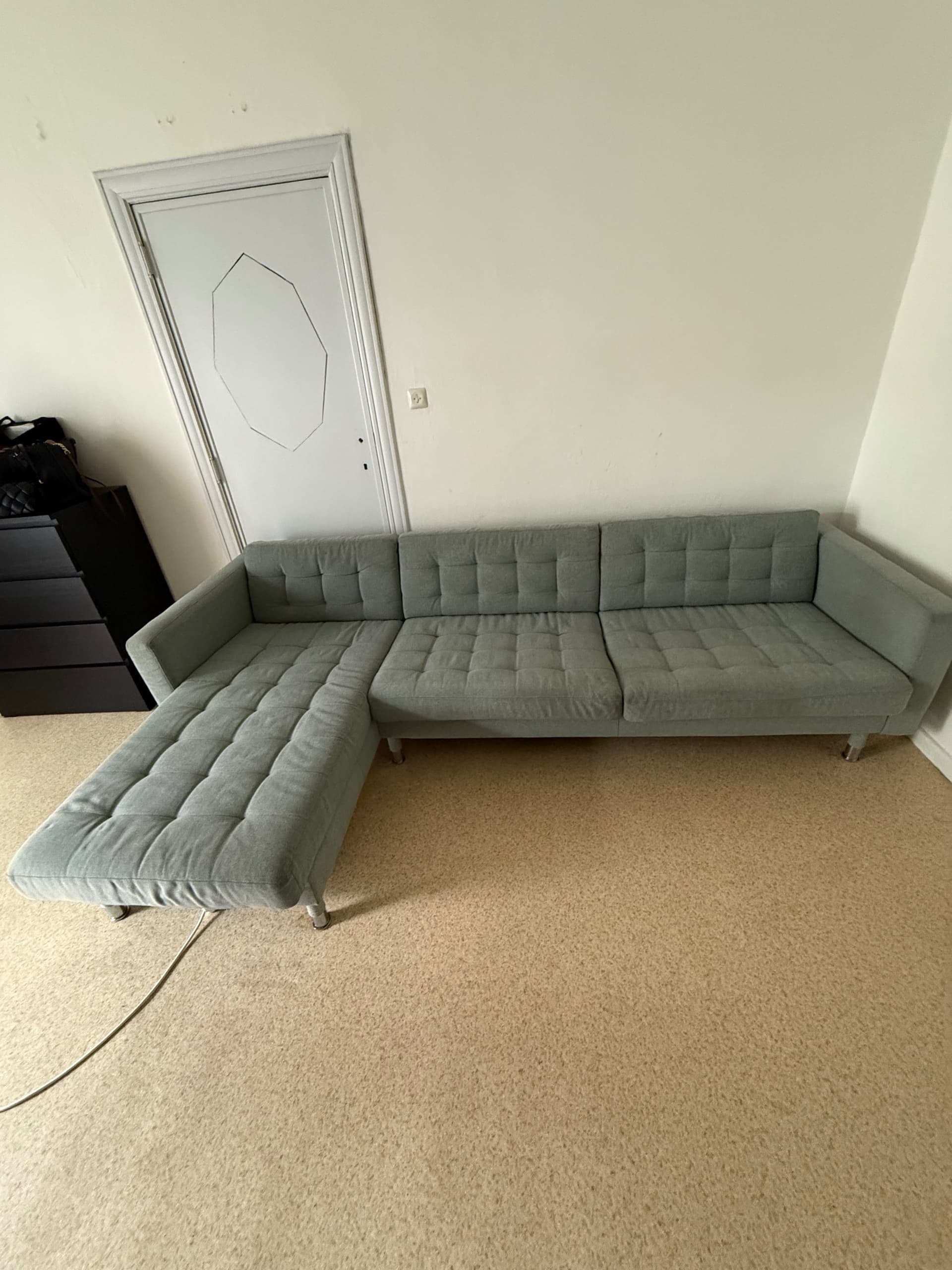 LANDSKRONA 4-seat sofa, with chaise longue/Gunnared light green/wood