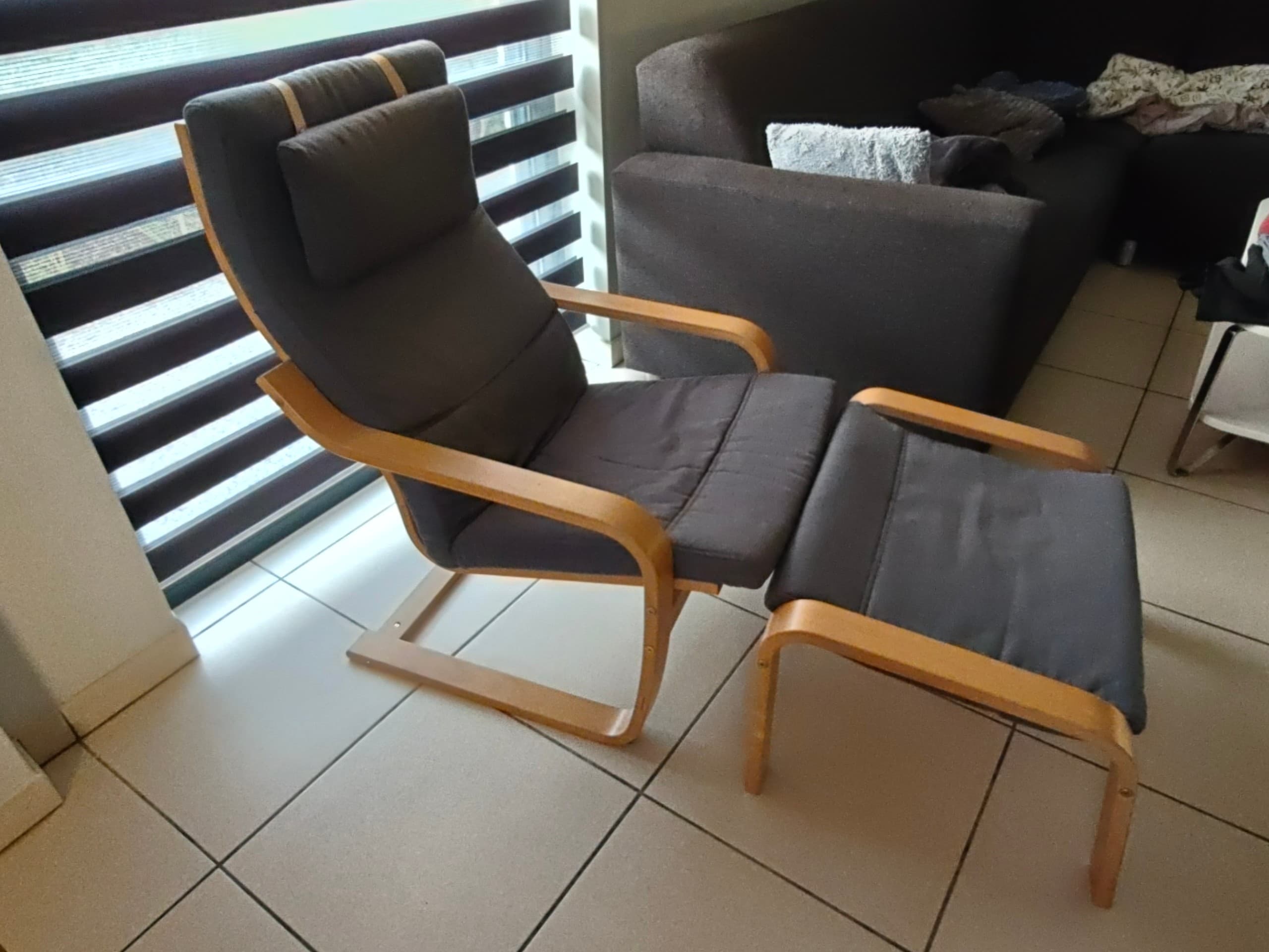POÄNG armchair and footstool, birch veneer/Gunnared dark grey
