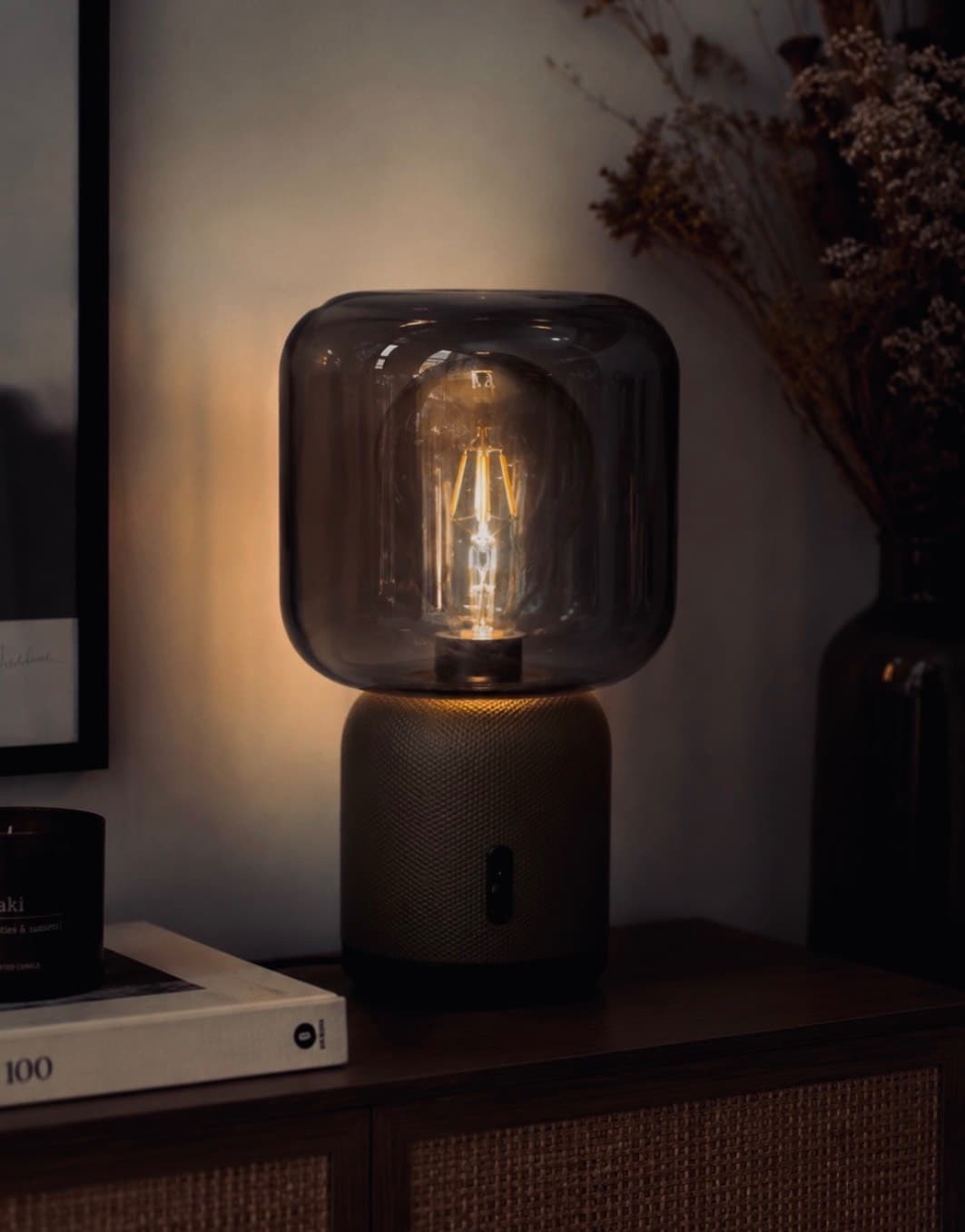 LAMPE SYMFONISK tafellamp, vernikkeld/grijs glas