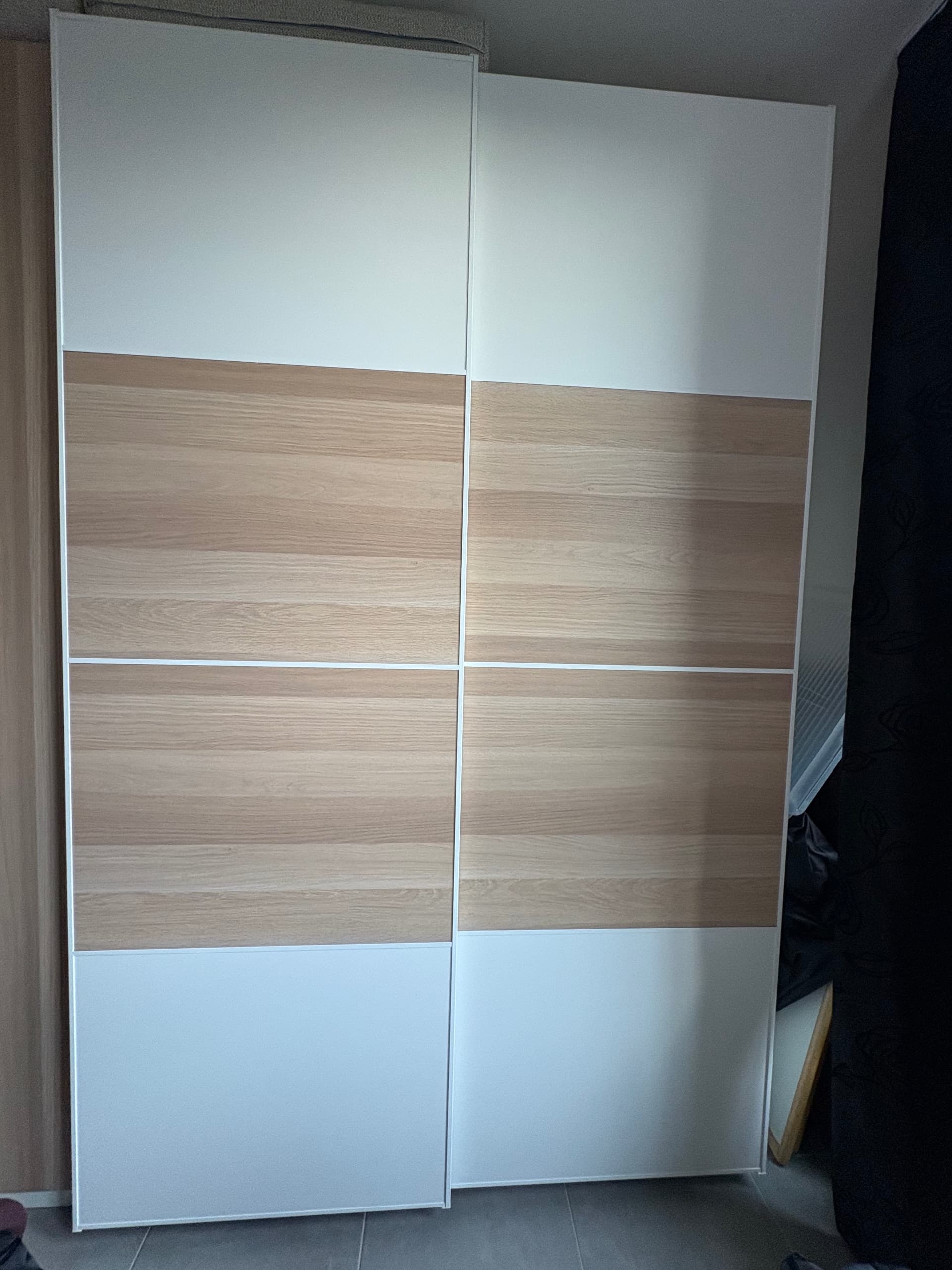 MEHAMN schuifdeur, set van 2, tweezijdig/wit gelazuurd eikeneffect wit, 150x236 cm