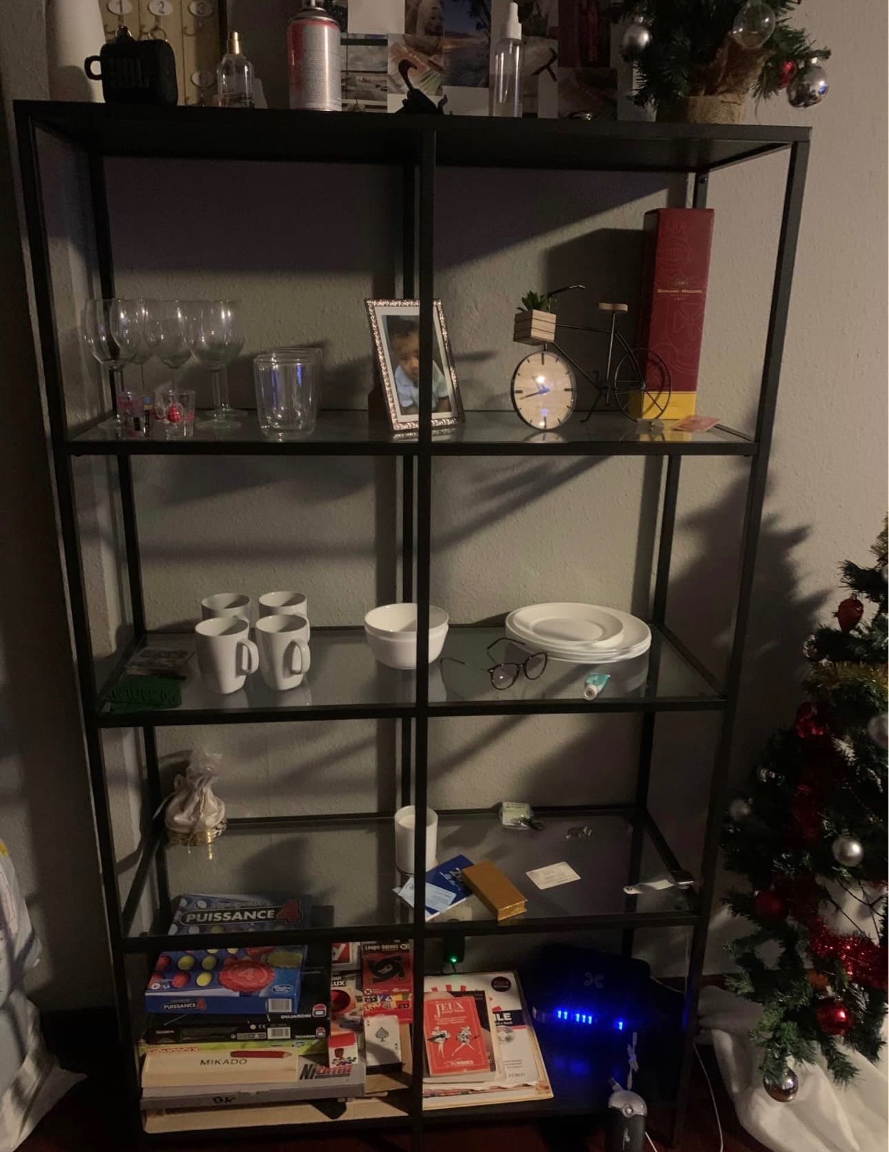 VITTSJÖ shelving unit, black-brown/glass, 100x175 cm