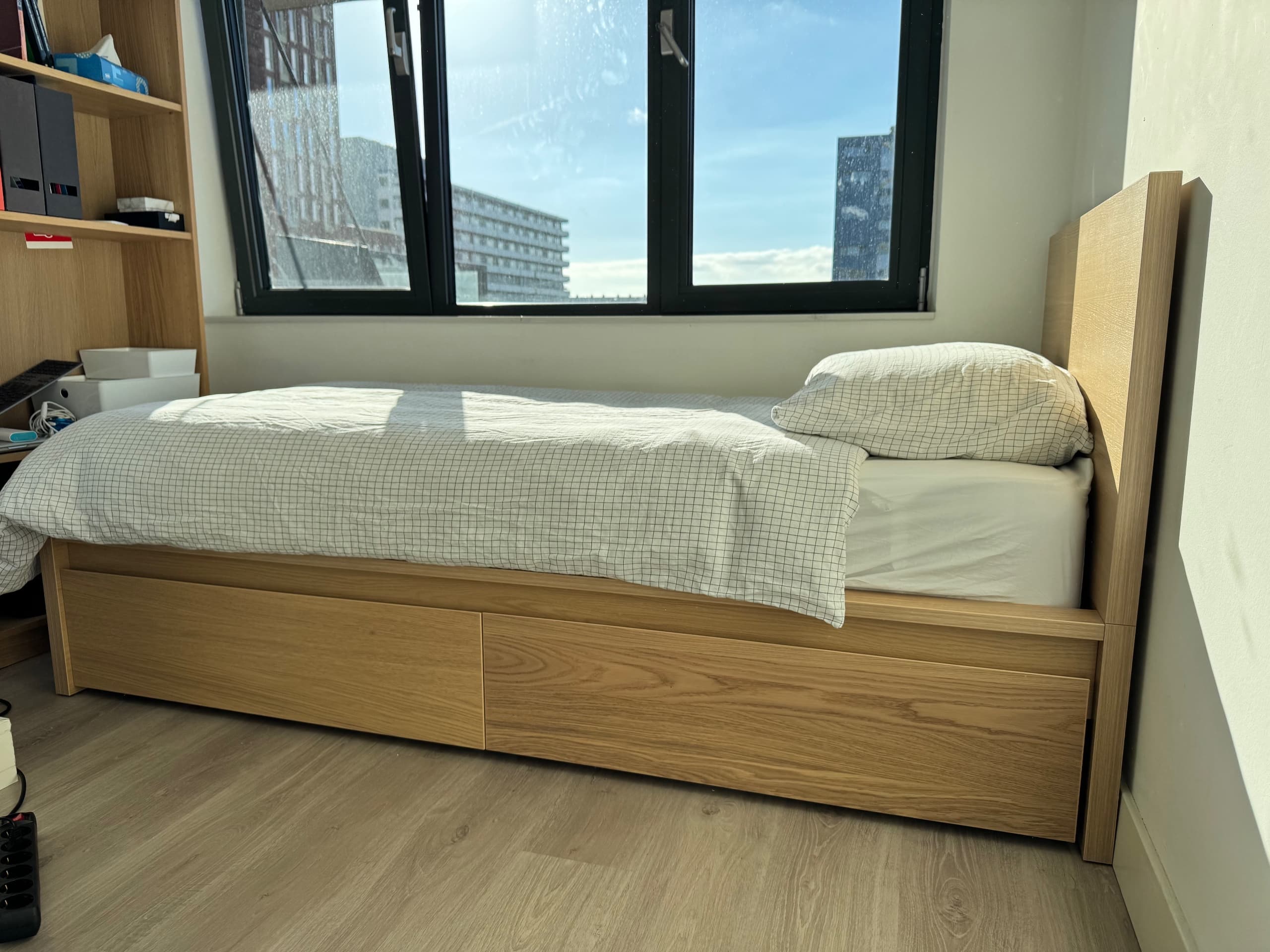 MALM BED bedonderstel, hoog, wit gelazuurd eikenfineer/Lönset, 90x200 cm