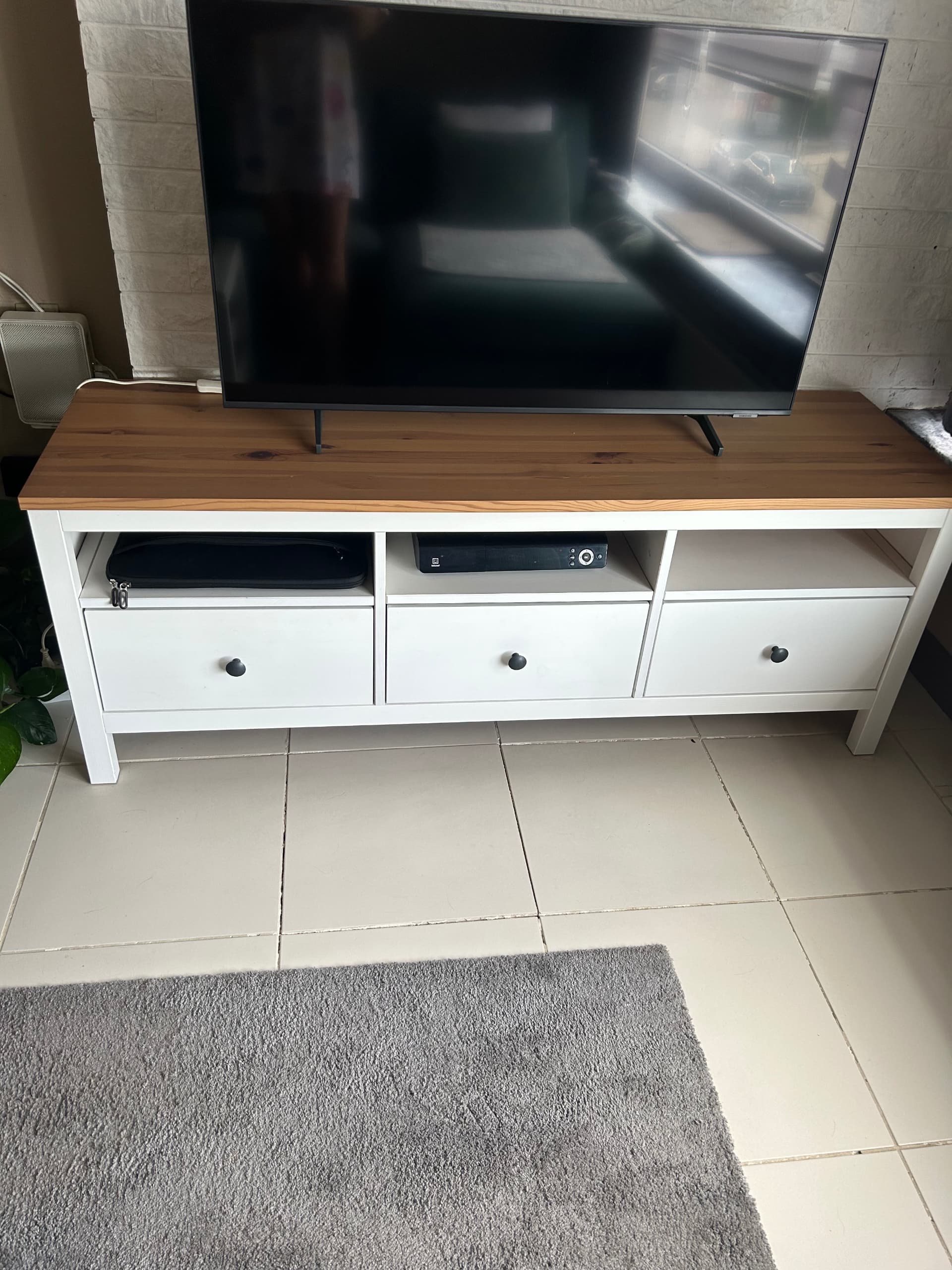 HEMNES TV bench, white stain/light brown, 148x47x57 cm