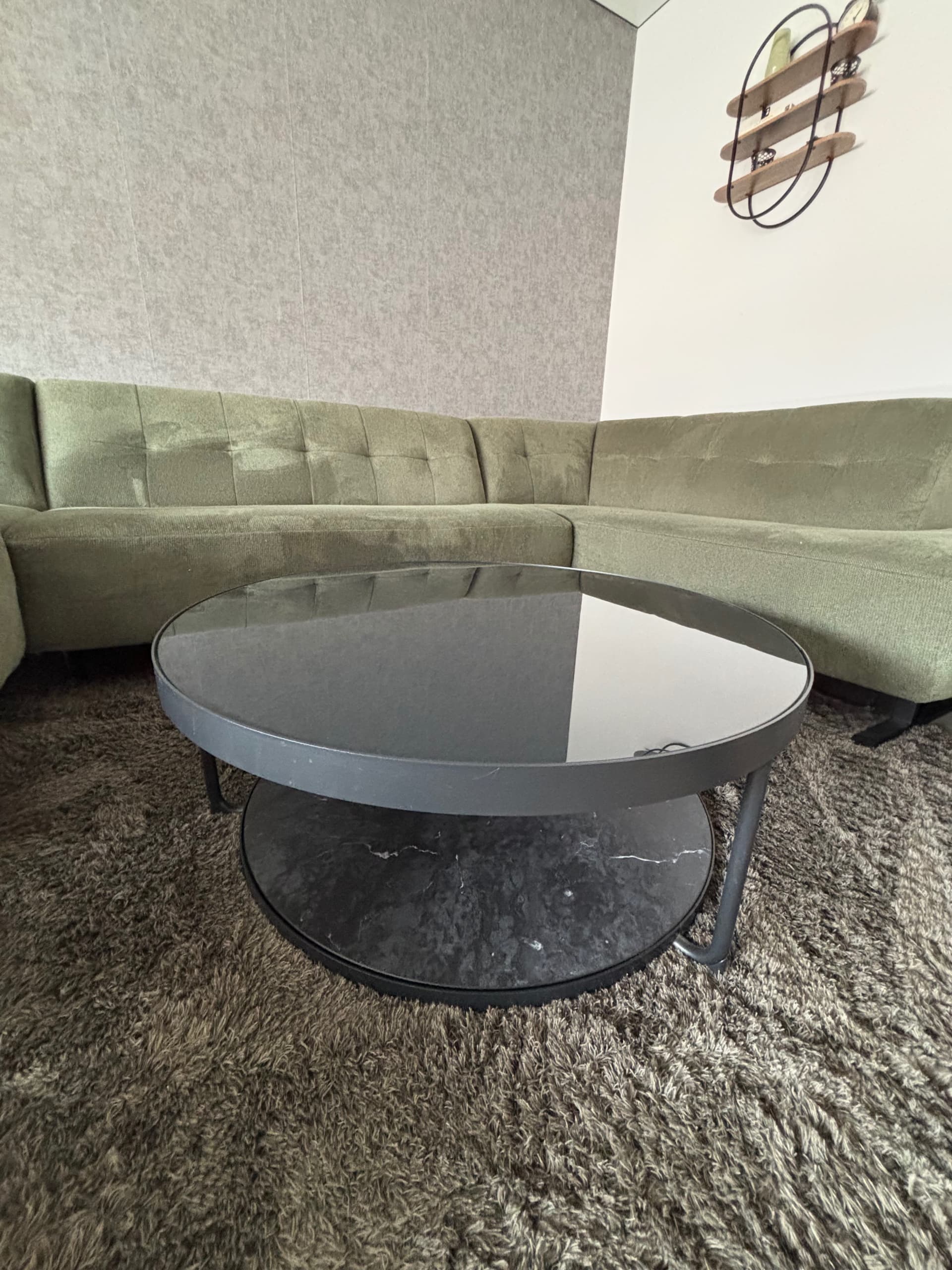FRÖTORP coffee table, anthracite marble effect/black glass, 88 cm