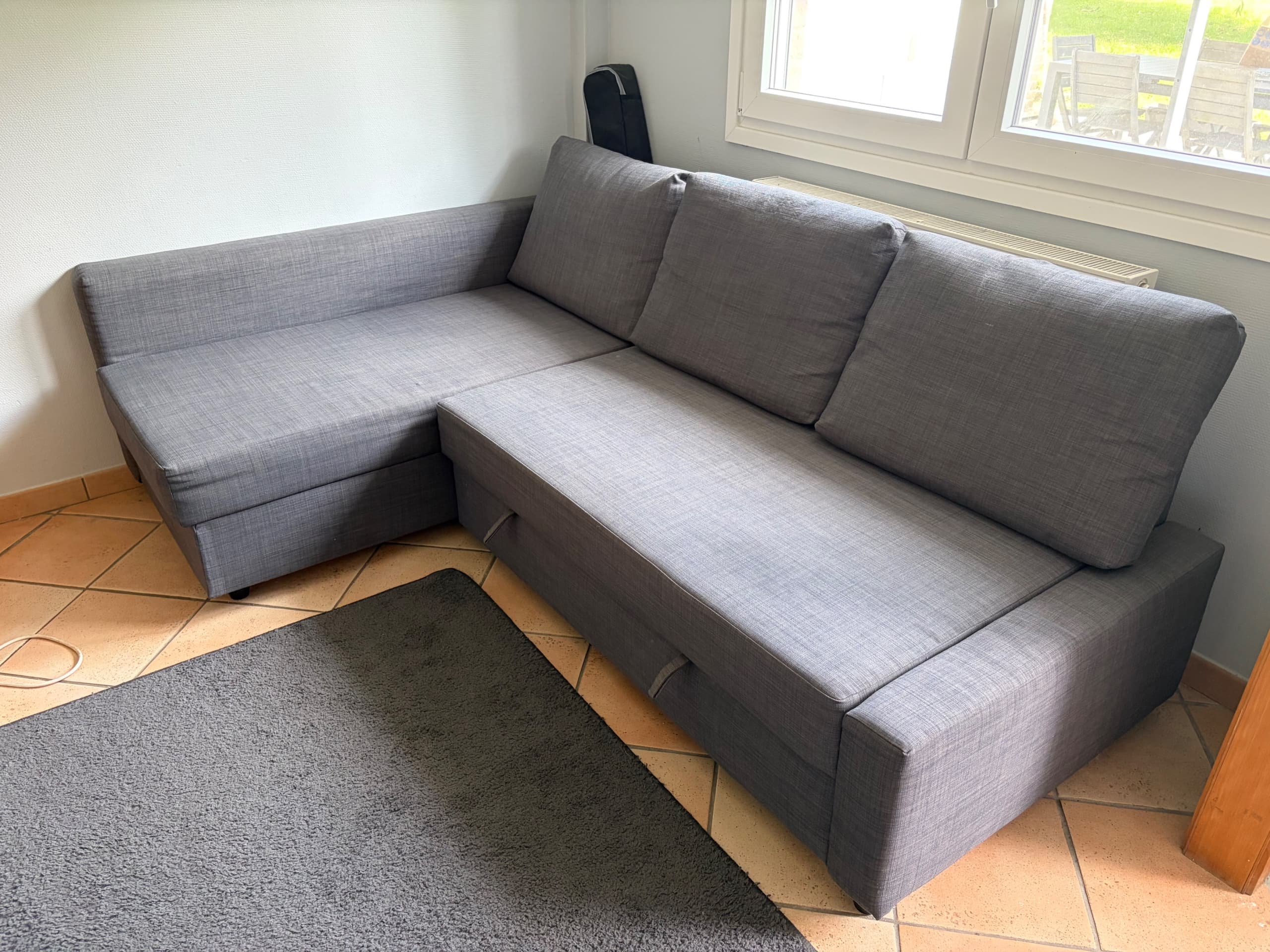 FRIHETEN corner sofa-bed with storage, Skiftebo dark grey