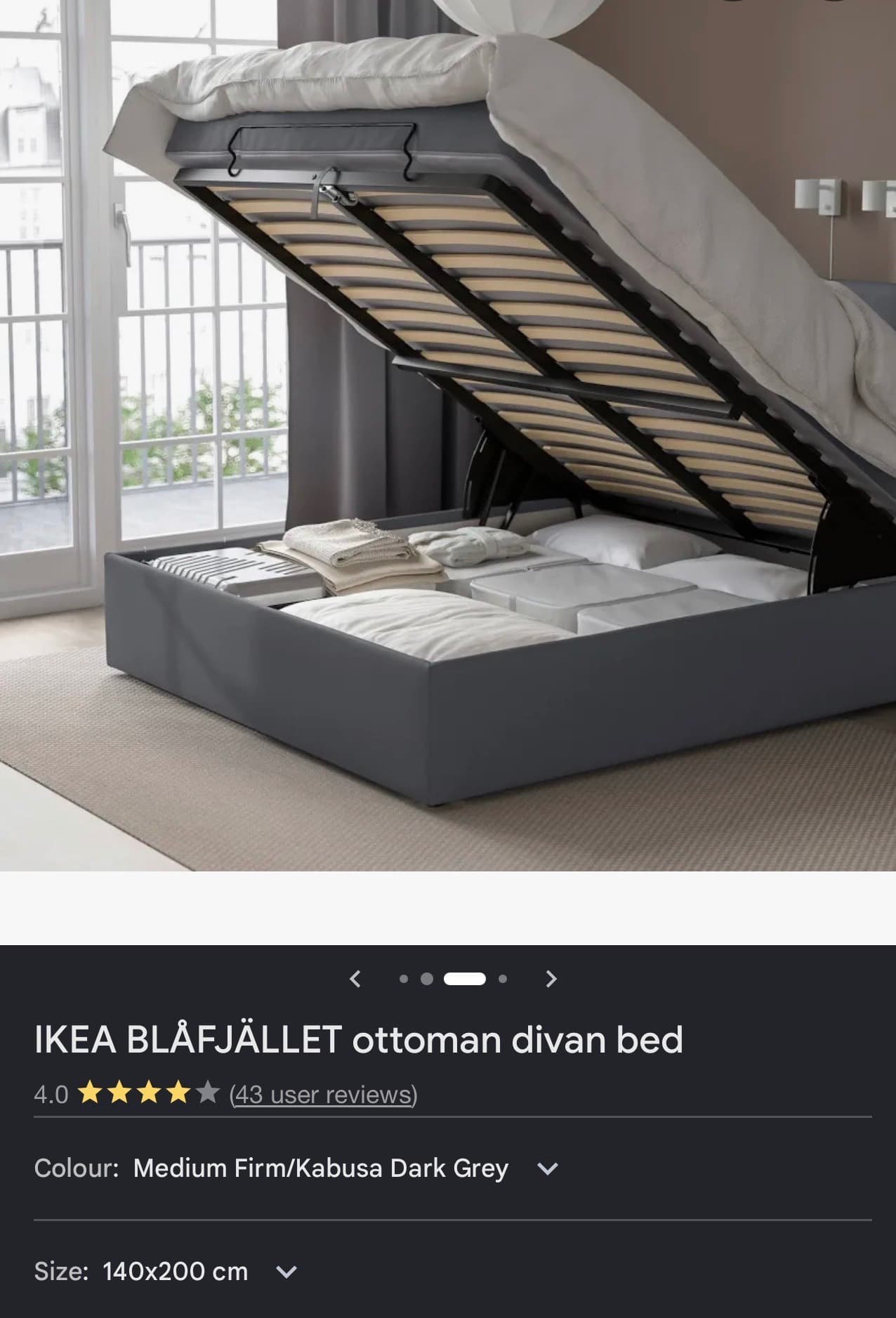 BLÅFJÄLLET ottoman divan bed, medium firm/Kabusa dark grey, 140x200 cm