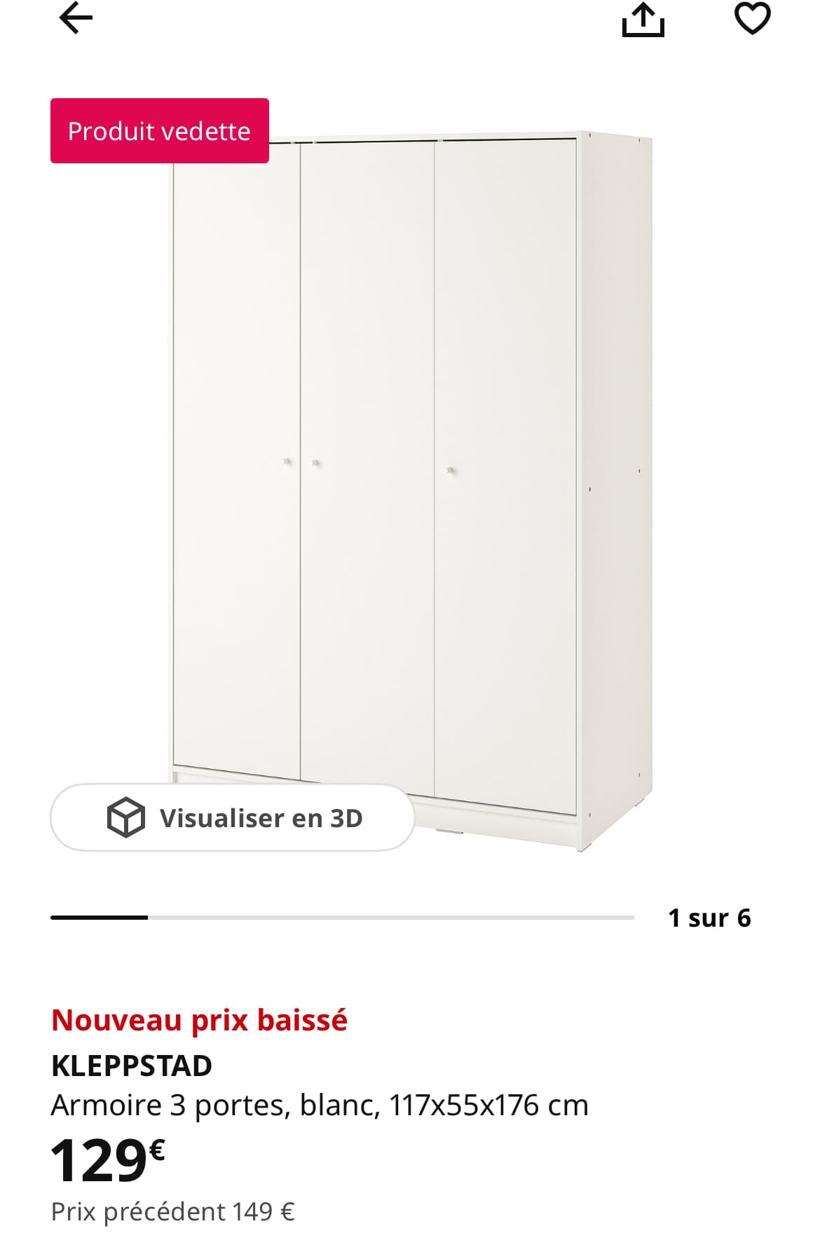KLEPPSTAD wardrobe with 3 doors, white, 117x55x176 cm