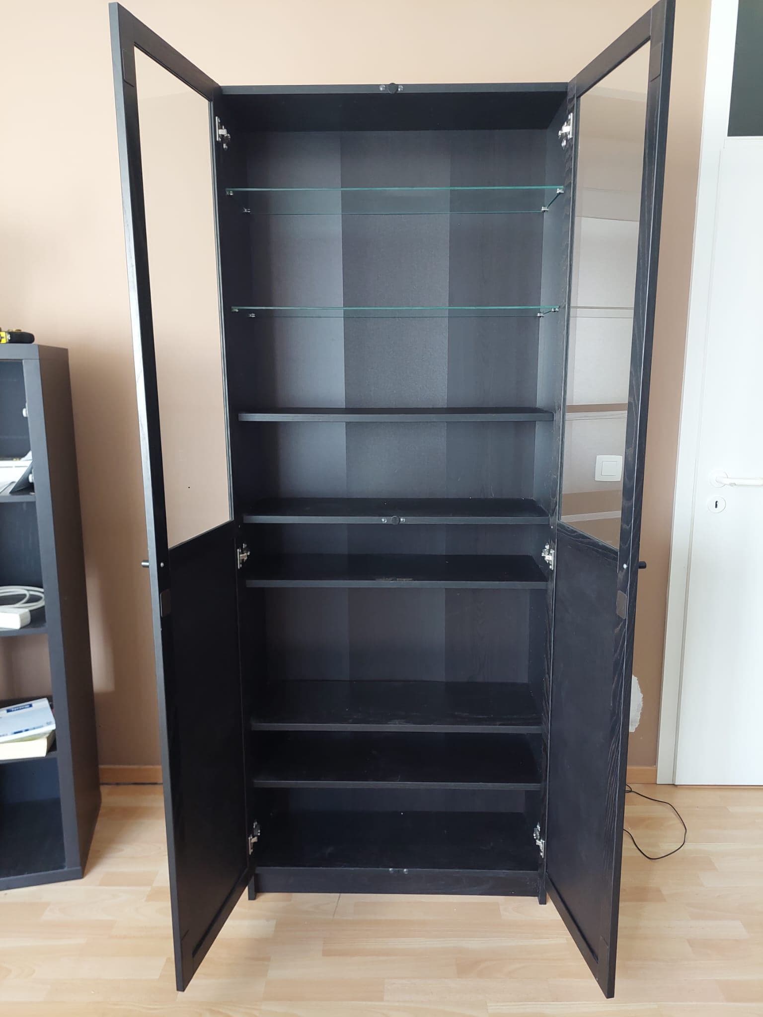 BILLY / OXBERG boekenkast paneel-/vitrinedeuren, zwart eikenpatroon, 80x30x202 cm