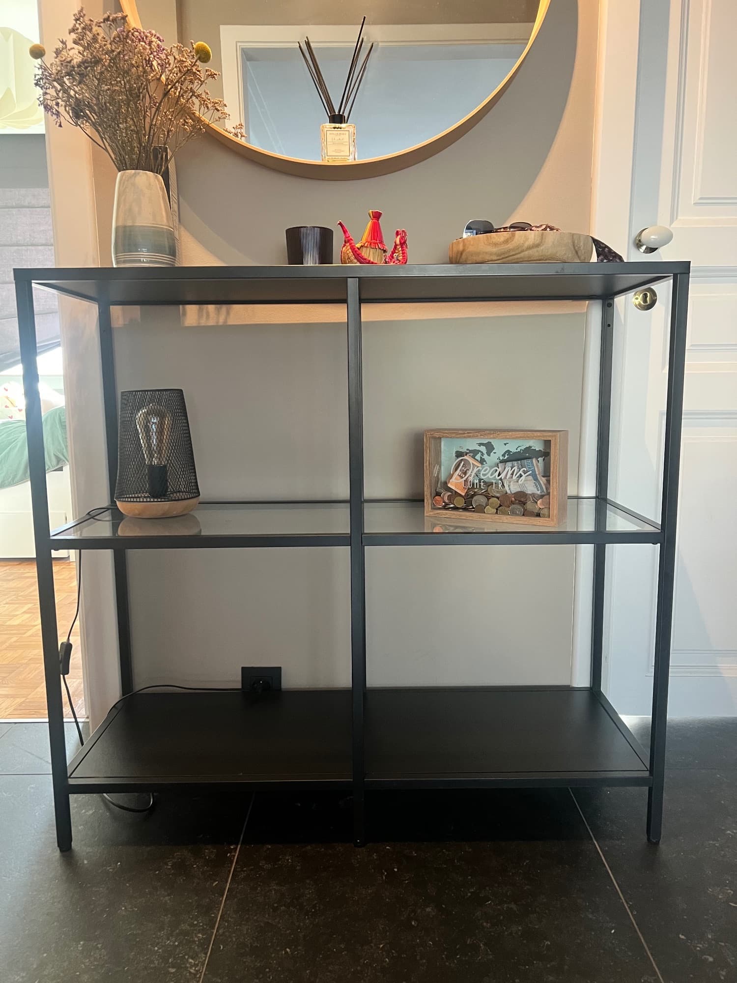 VITTSJÖ shelving unit, black-brown/glass, 100x93 cm