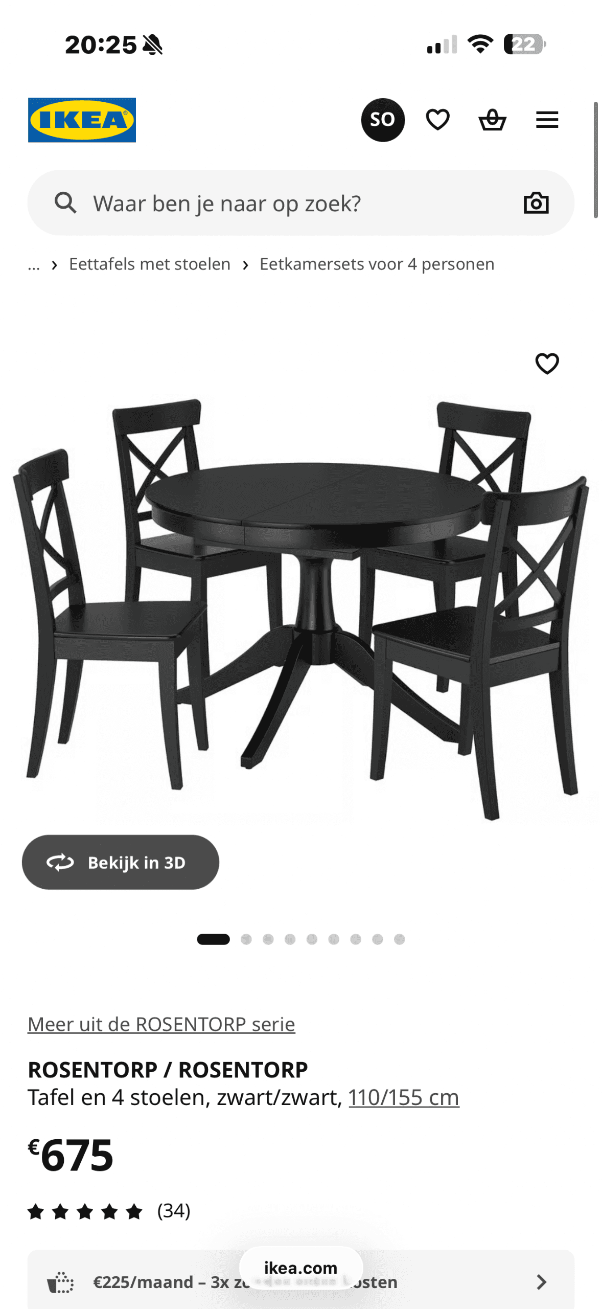 ROSENTORP MET STOELE uitschuifbare tafel, zwart, 160/215x110 cm