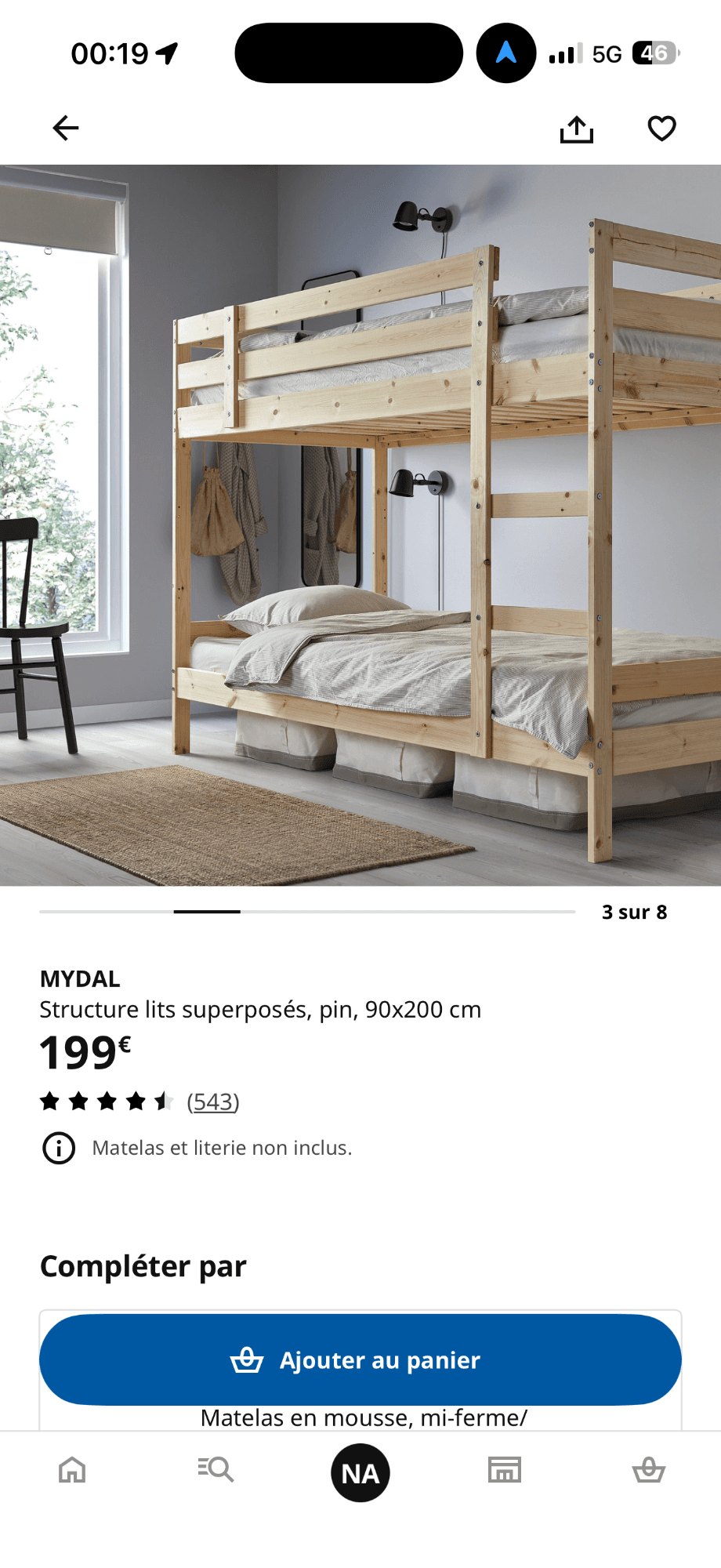 MYDAL bunk bed frame, pine, 90x200 cm