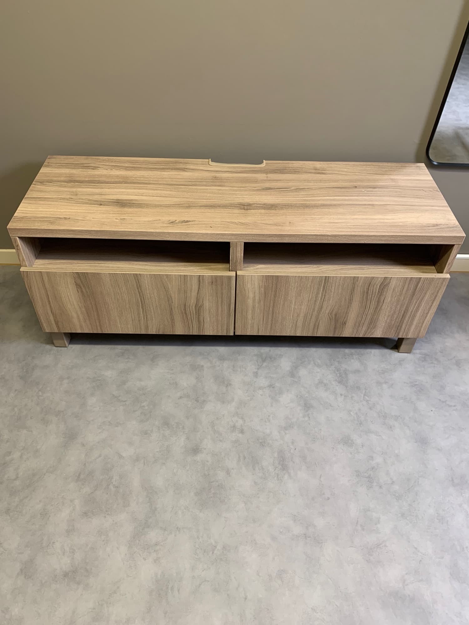 BESTÅ TV bench with drawers, grey stained walnut effect/Lappviken/Stubbarp grey stained walnut effect